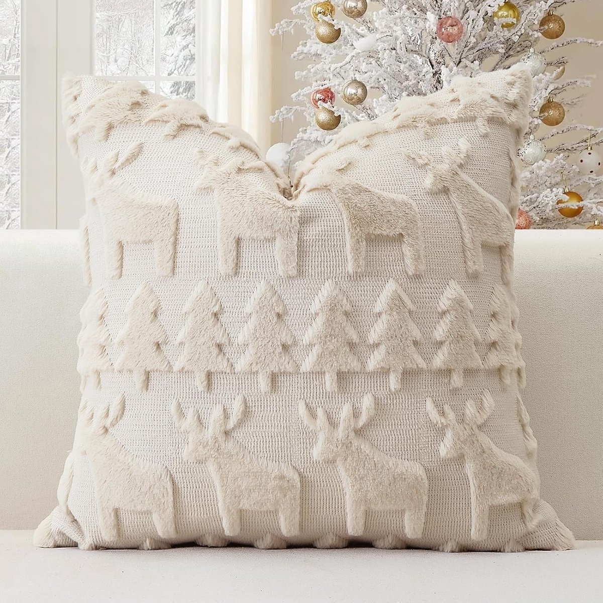 Zachte Pluche Kussenhoezen van Wol, Decoratieve Kussens voor Sofa en Slaapkamer, Kerst Kussenhoezen in Crème Beige 50 x 50 cm