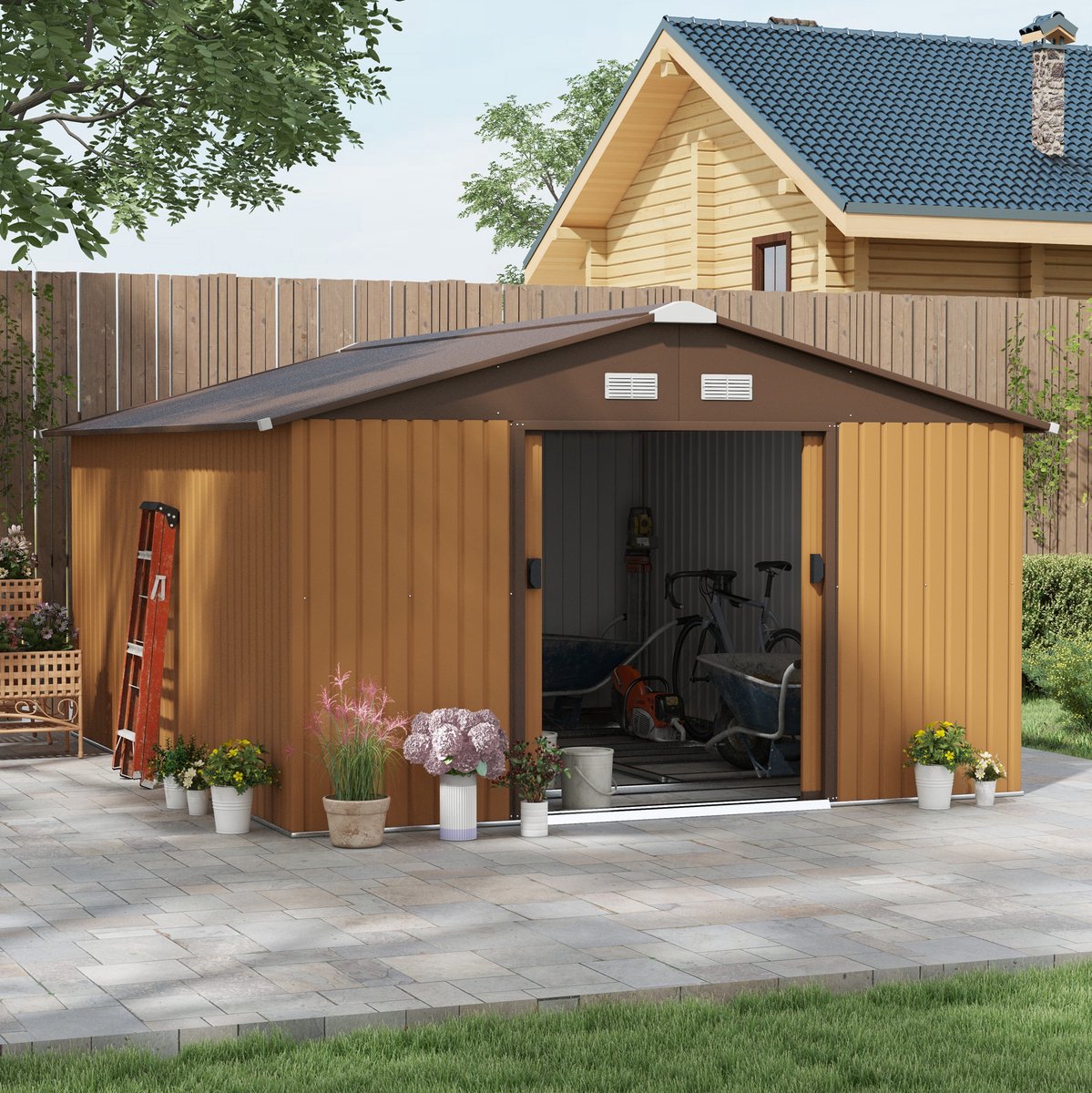 REDOM - Schuur - Met bodemplaat - 2 schuifdeuren en ventilatieopeningen - Voor tuinopslag - Verzinkt staal - Geel - 340 x 386 x 200 cm