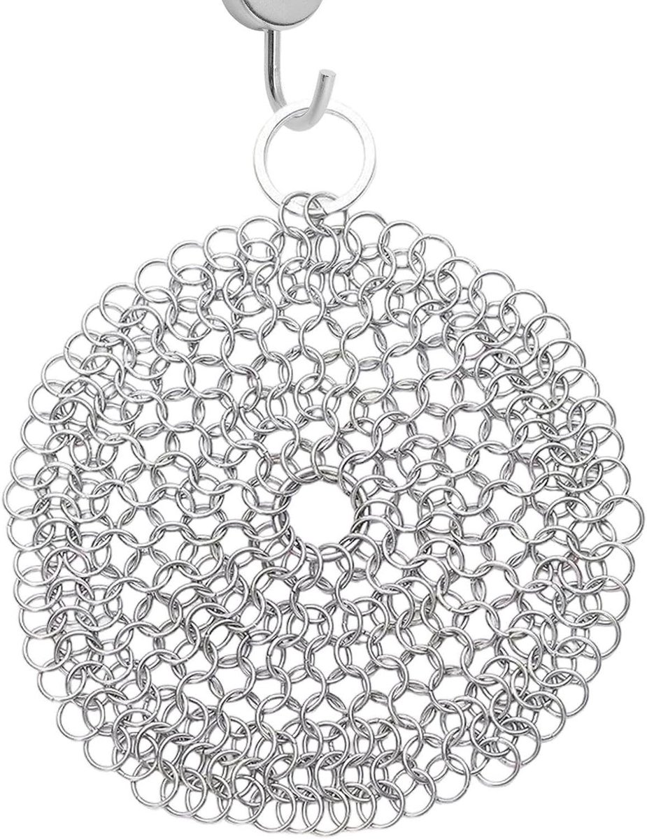 Kettingschrobber Gietijzer - Schuurspons Roestvrij Staal - Kookgerei Reinigen - Efficiënte Vlekverwijdering - 10x10cm - Zilver