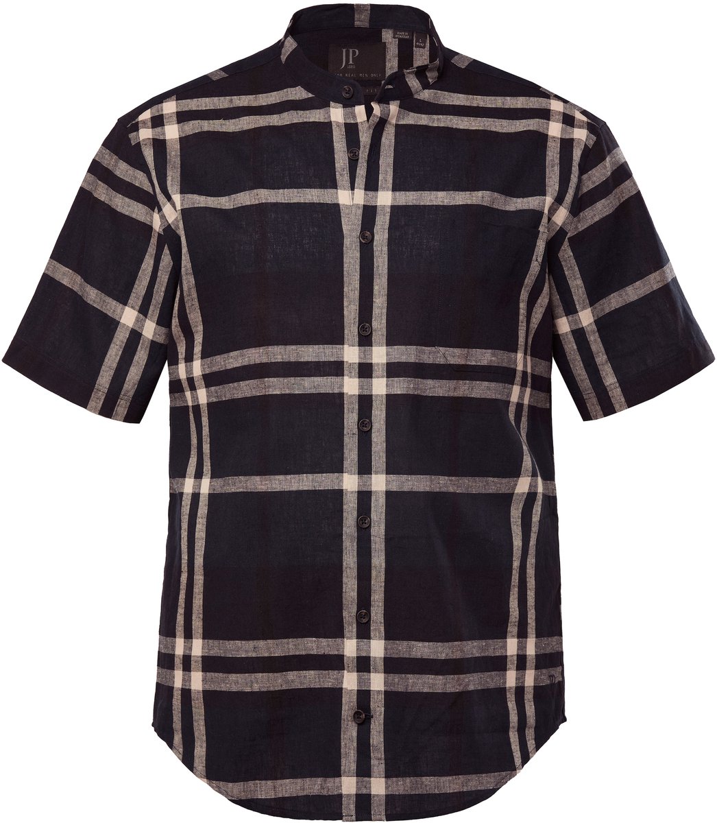 JP 1880 - Heren - Geruit overhemd van een linnenmix korte mouwen opstaande kraag - Navy blauw - Maat 3XL