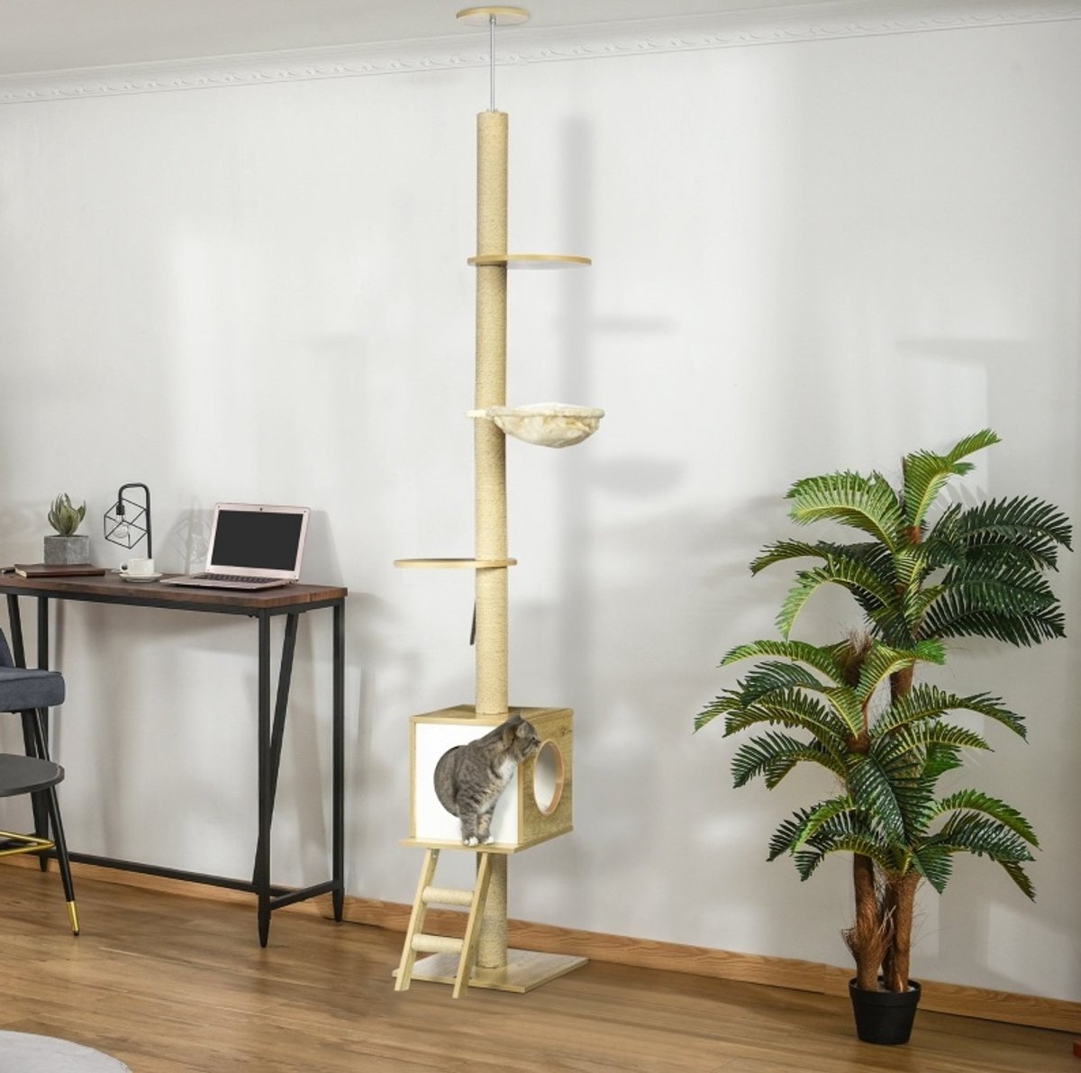 COVREO Krabpaal 40 x 40 x 260 cm bruin beige, met kattenhuis en hangmat