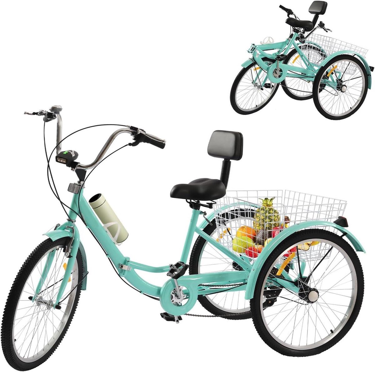 Opvouwbare Driewieler - Driewieler met mand - Boodschappen doen - Diepe instap - 24 inch - Groen