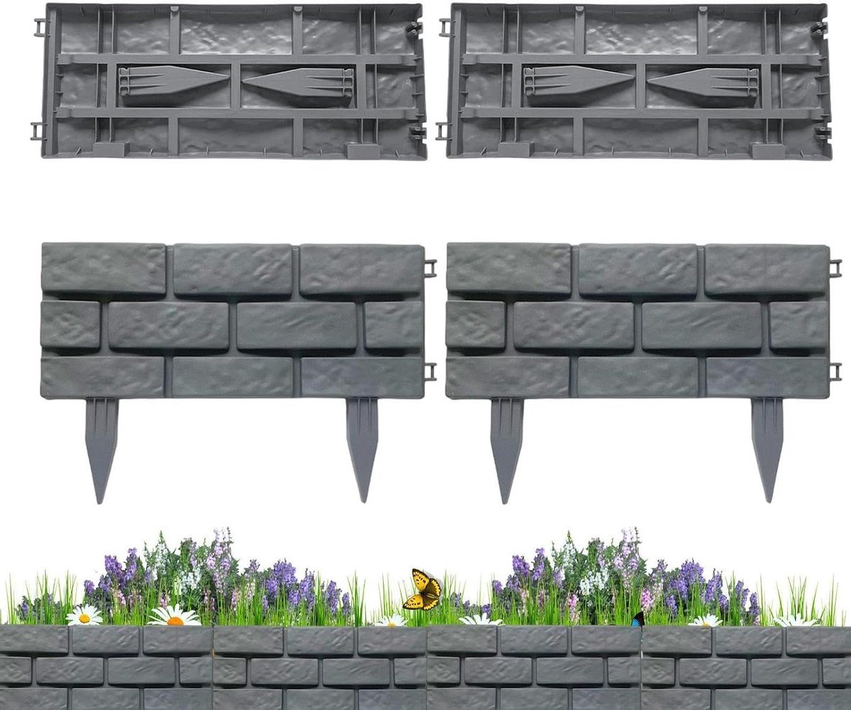 Tuinomheining Border Panels - Tuinafscheiding Steenlook - Tuinranden Creëren - Gereedschapsloze Installatie - 46 x 19 cm - Grijs