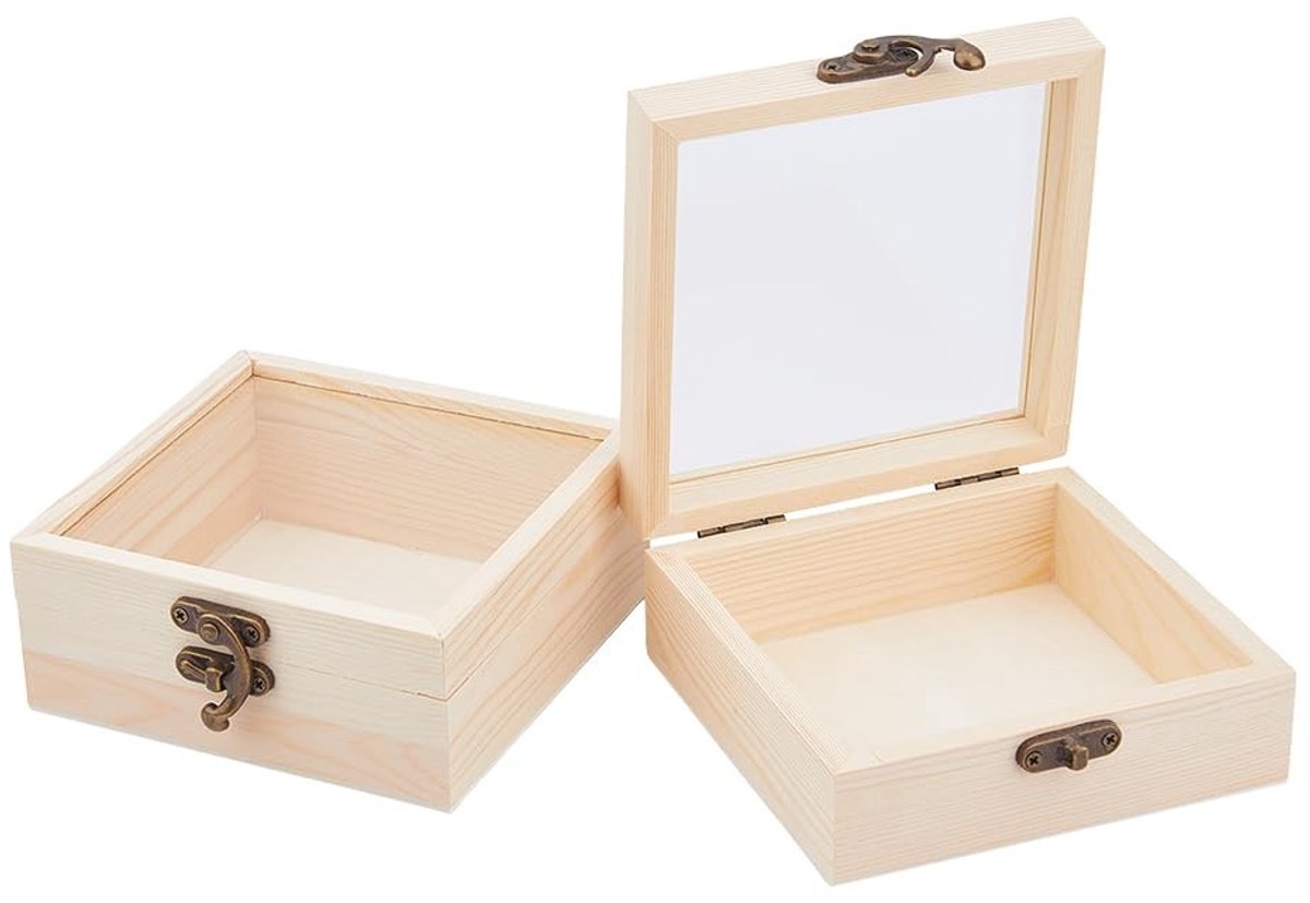 Omgoods- Houten Doos met Glazen Deksel - Kleine Houten Doos - Geschenkdozen - Sieraden Opslag - Decoratie - 12 x 12 cm - Sieradenbox