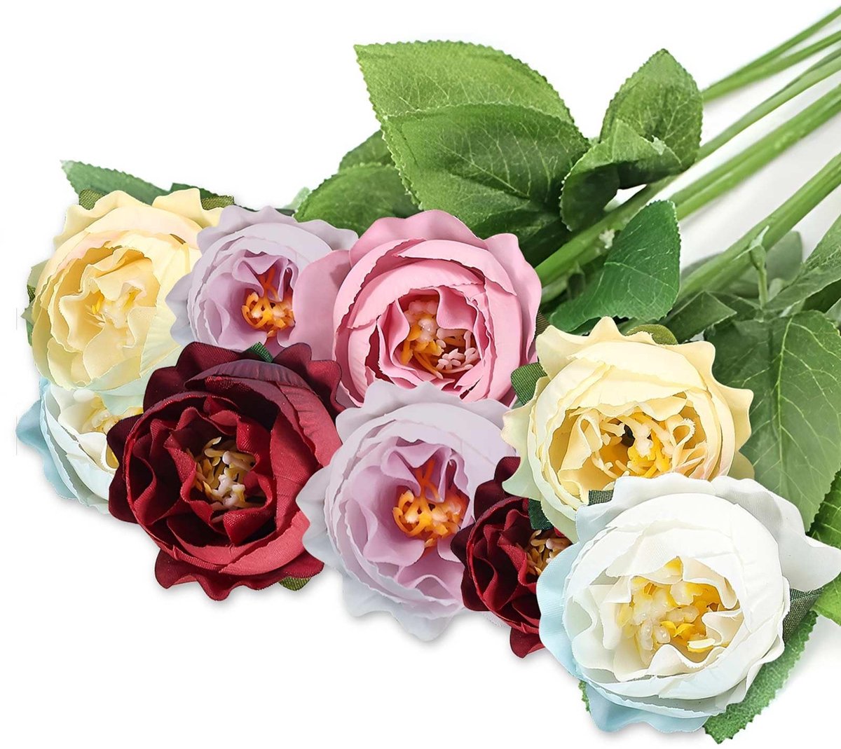Omgoods- Kunstrozen 20 Stuks - Kunstbloemen met Steel - Realistische Decoratie - Groene Bladeren - Bruiloft/Huis/Tuin - Diameter 4 cm