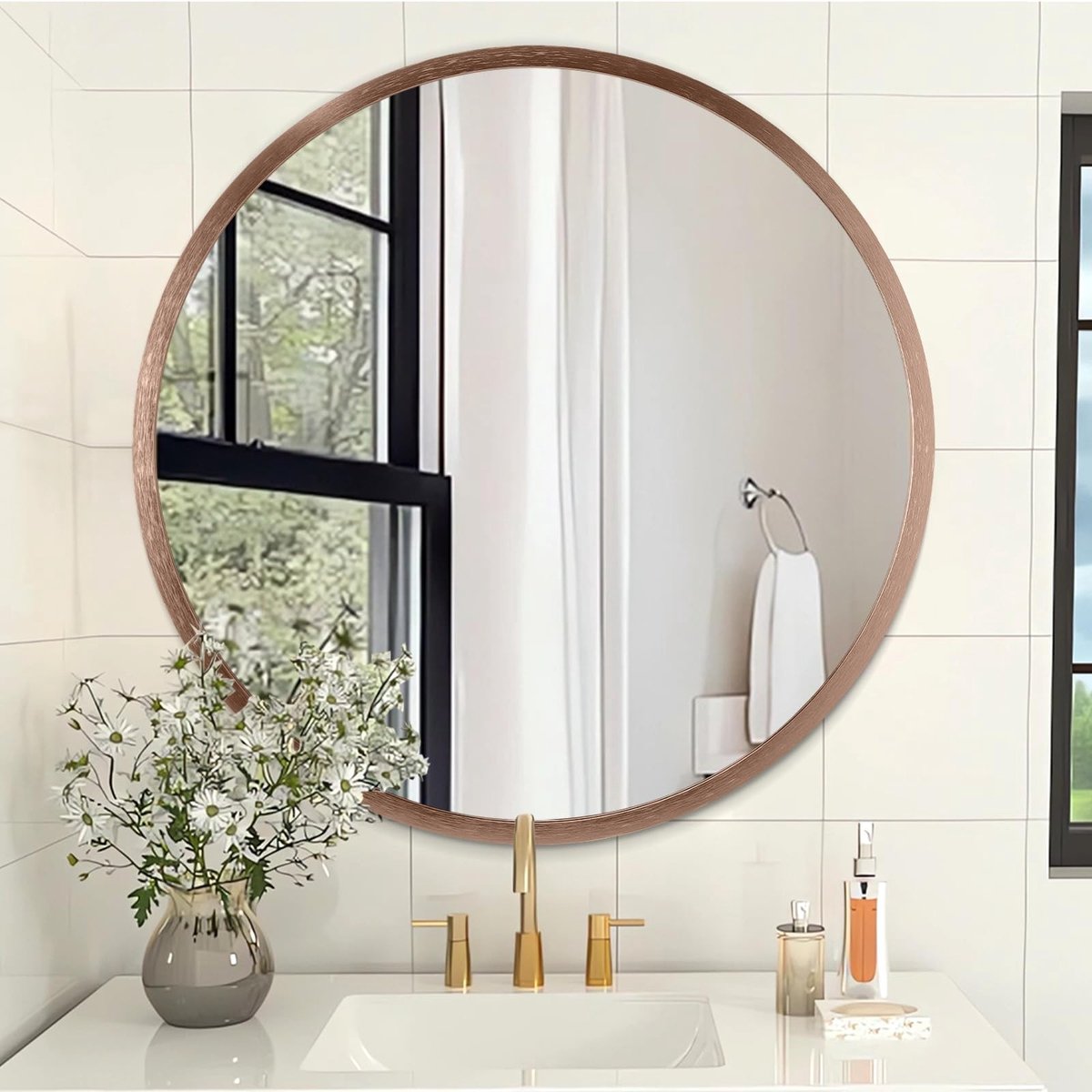 Omgoods - Ronde Wandspiegel met Metalen Frame in Roze Goud