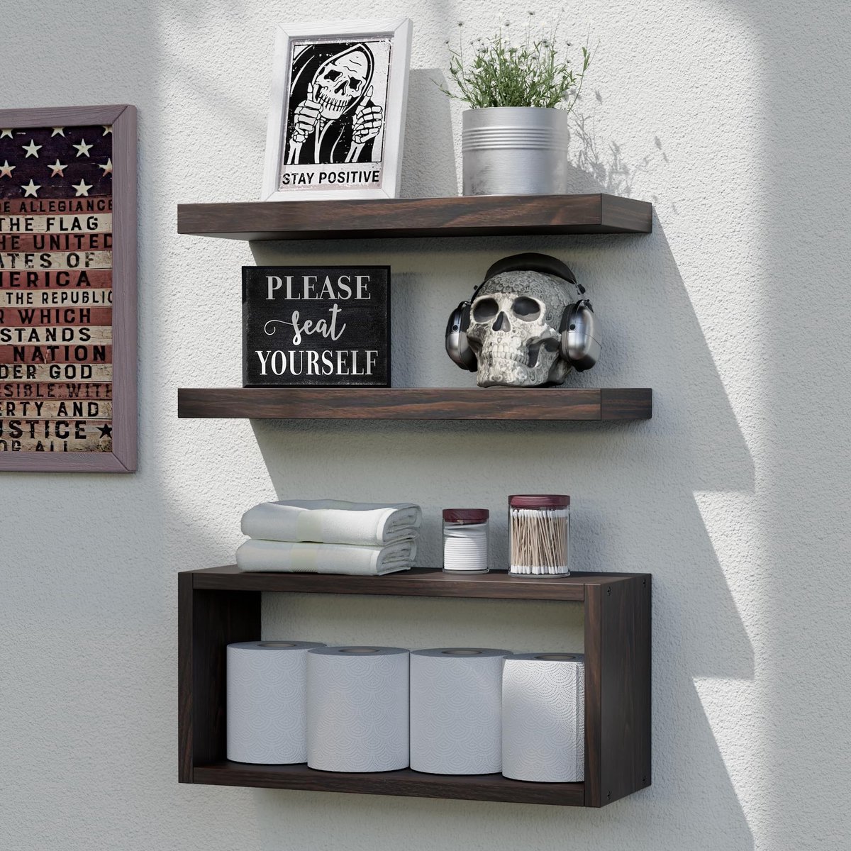 Omgoods - Set van 3 Zwevende Planken voor Wandmontage - Walnoot