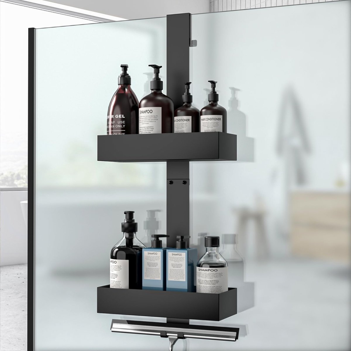 Omgoods - Doucherek Hangend - Doucheplank Zonder Boren voor Badkamer Organizer (Zwart, 2-laags)