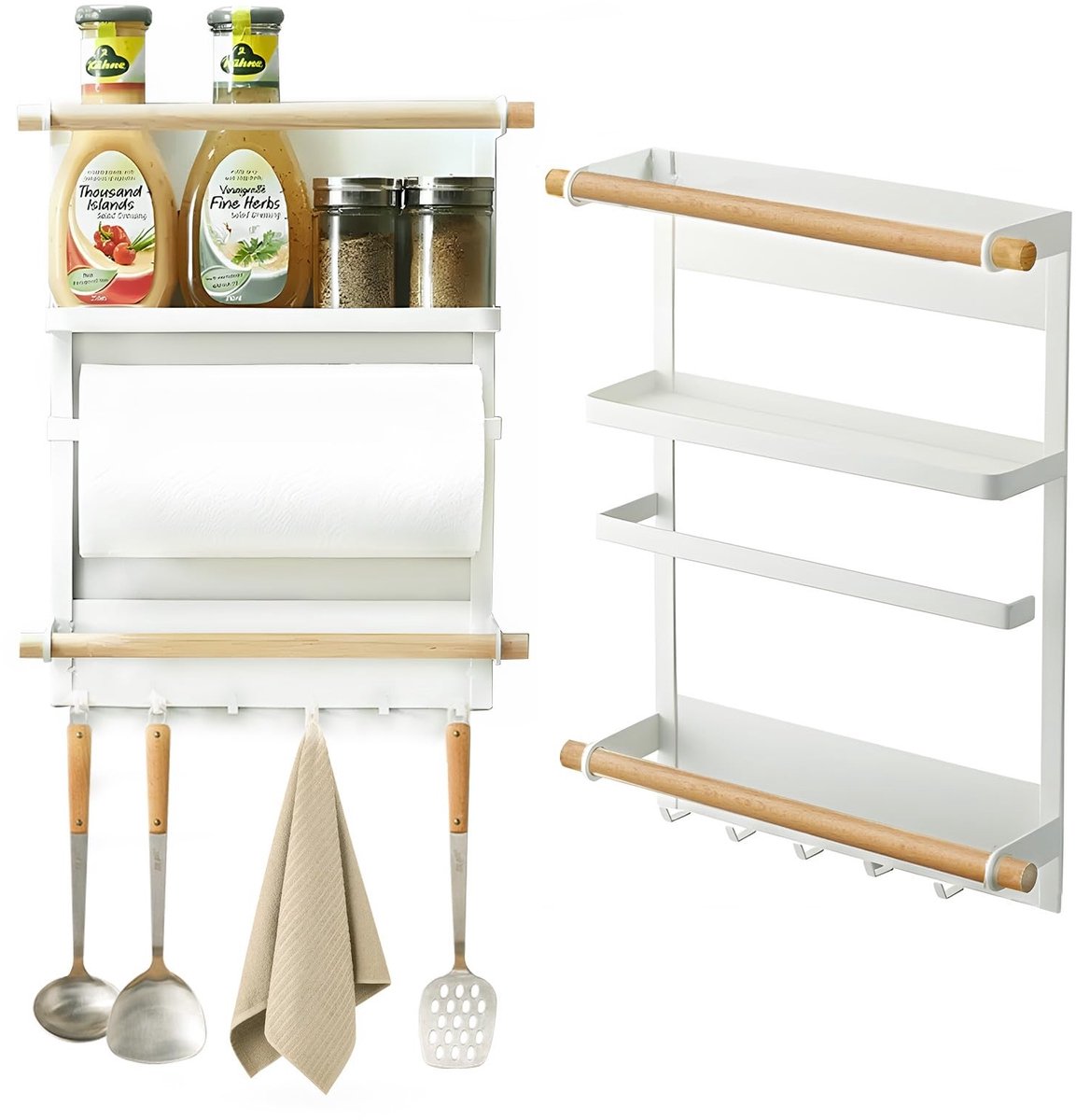 Omgoods - Magnetisch Kruidrek voor Koelkast - 3 Laags met Haken, Houten Design