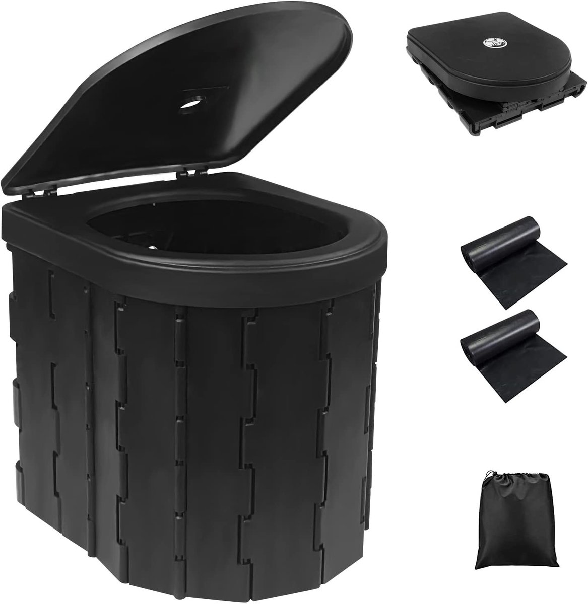 Omgoods - Vouwbaar Campingtoilet met 2 Biologisch Afbreekbare Vuilniszakken, Zwart