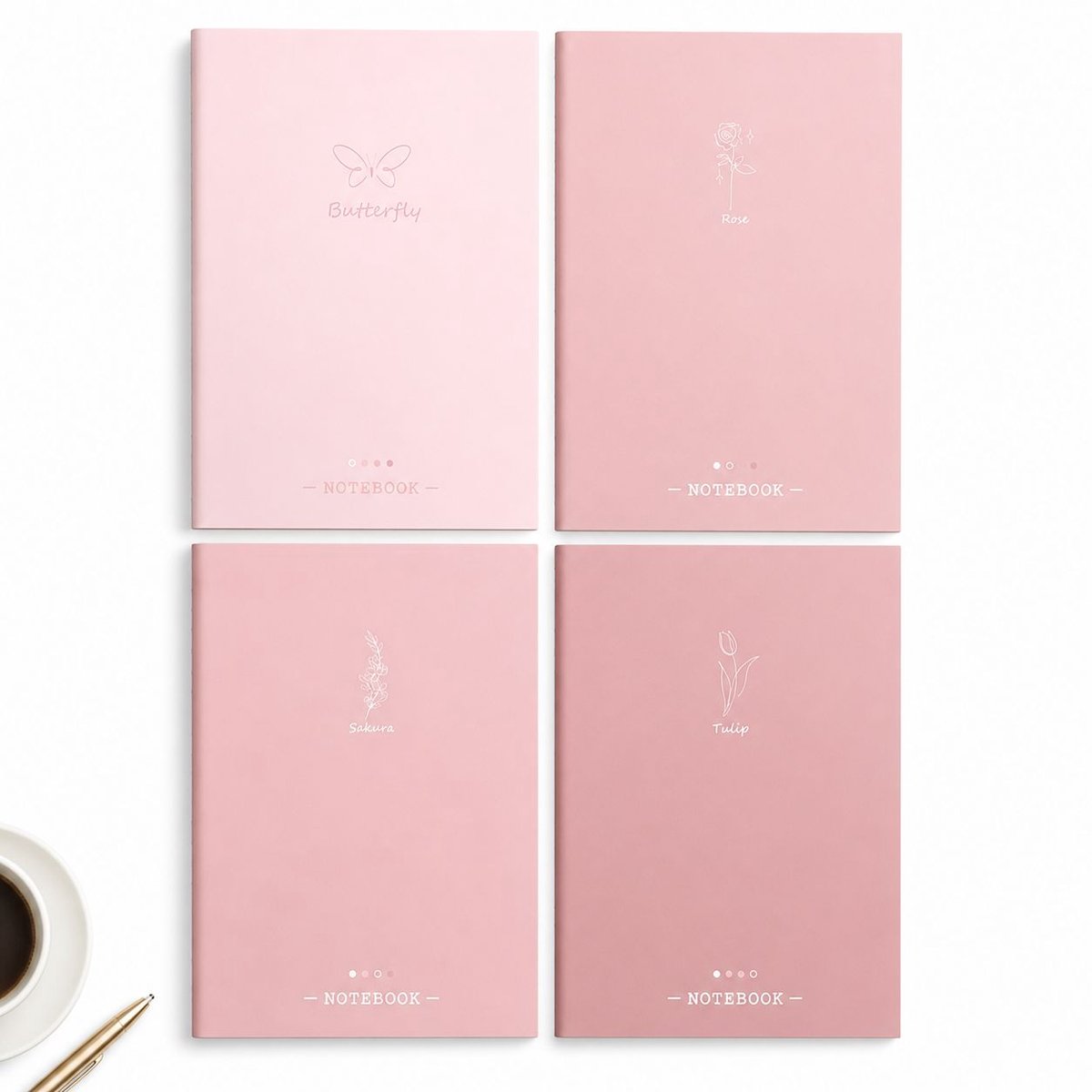 VHV-Notitieboekjes B5 - 18,5x25,8 cm - Set van 4 Stuks - Stijlvolle en Duurzame Hardcover Schrijfmap en Dagboek met Premium Papier - Bloemenmotief - Bloemencollectie
