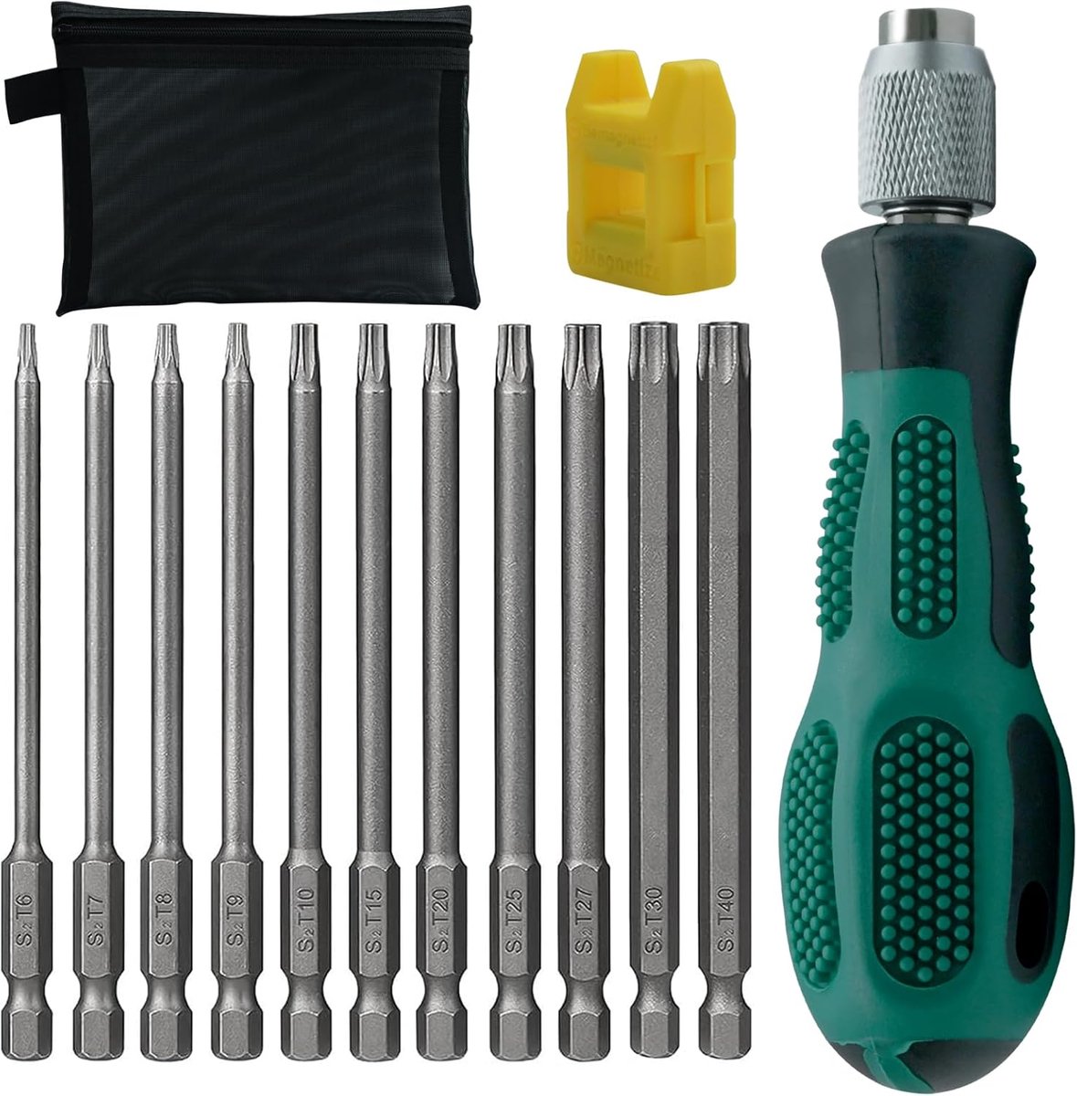 SnelShoppen - 12-delige Torx Schroevendraaierset, Magnetisch met Gat 1/4 Inch, Torx Bit Set met Opbergzak T6/T7/T8/T9/T10/T15/T20/T25/T27/T30/T40 voor