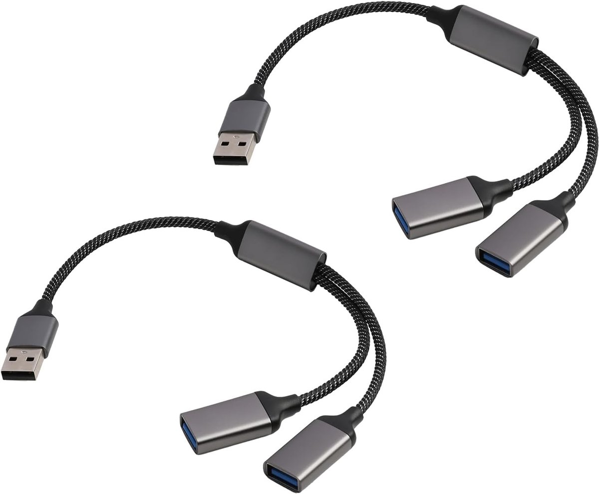 SnelShoppen - 2 Stuks USB Splitter Y Kabel, Voedingskabel Verlenging voor Gegevensoverdracht en Opladen, Multi-Port Hub voor Laptop, Auto, Vast Gebrui