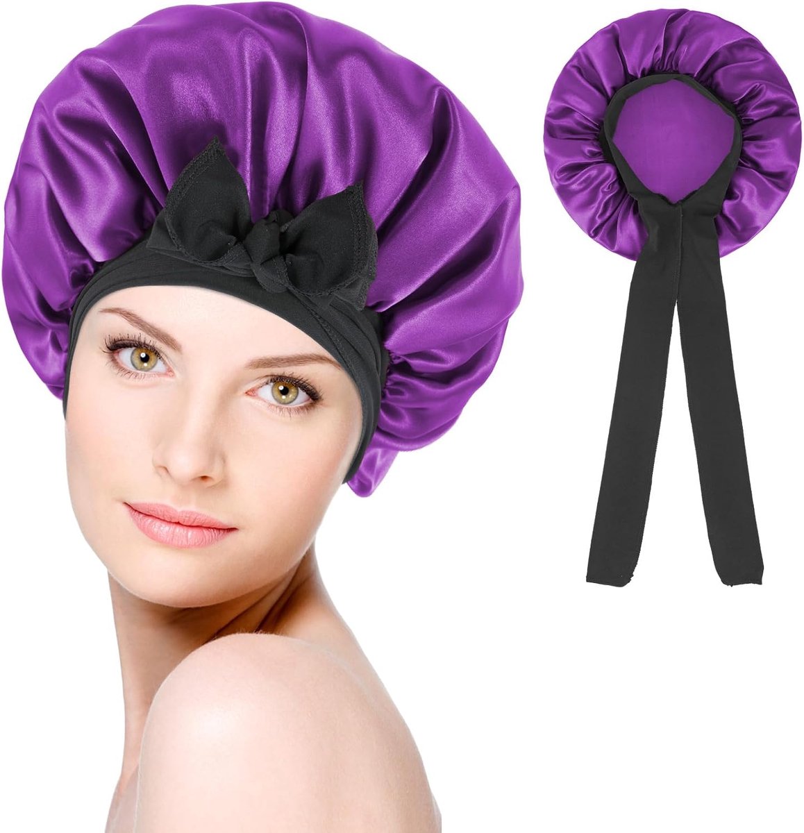 SnelShoppen - Dames Douchkap, Satijnen Bonnet Zijde Hoed met Zwarte Strap voor Slapen en Douchen (Paars + Zwarte Strap)