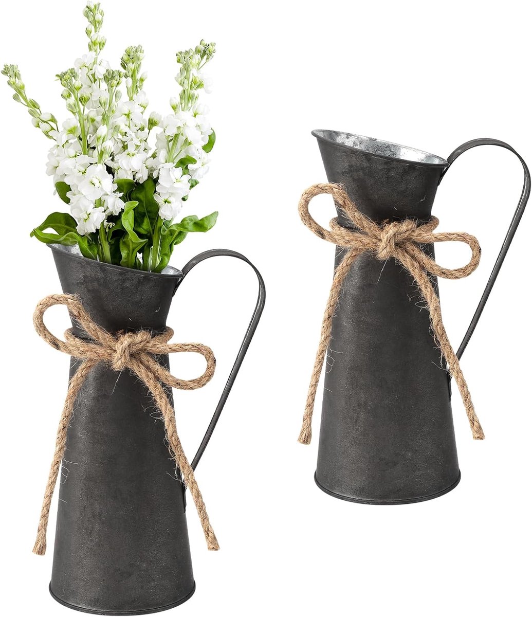 SnelShoppen - Set van 2 Bloemenvazen Melkkannetje Metaal Landelijke Stijl Rustieke Decoratie Retro Shabby Chic Vintage IJzeren Bloempot voor Bruiloft