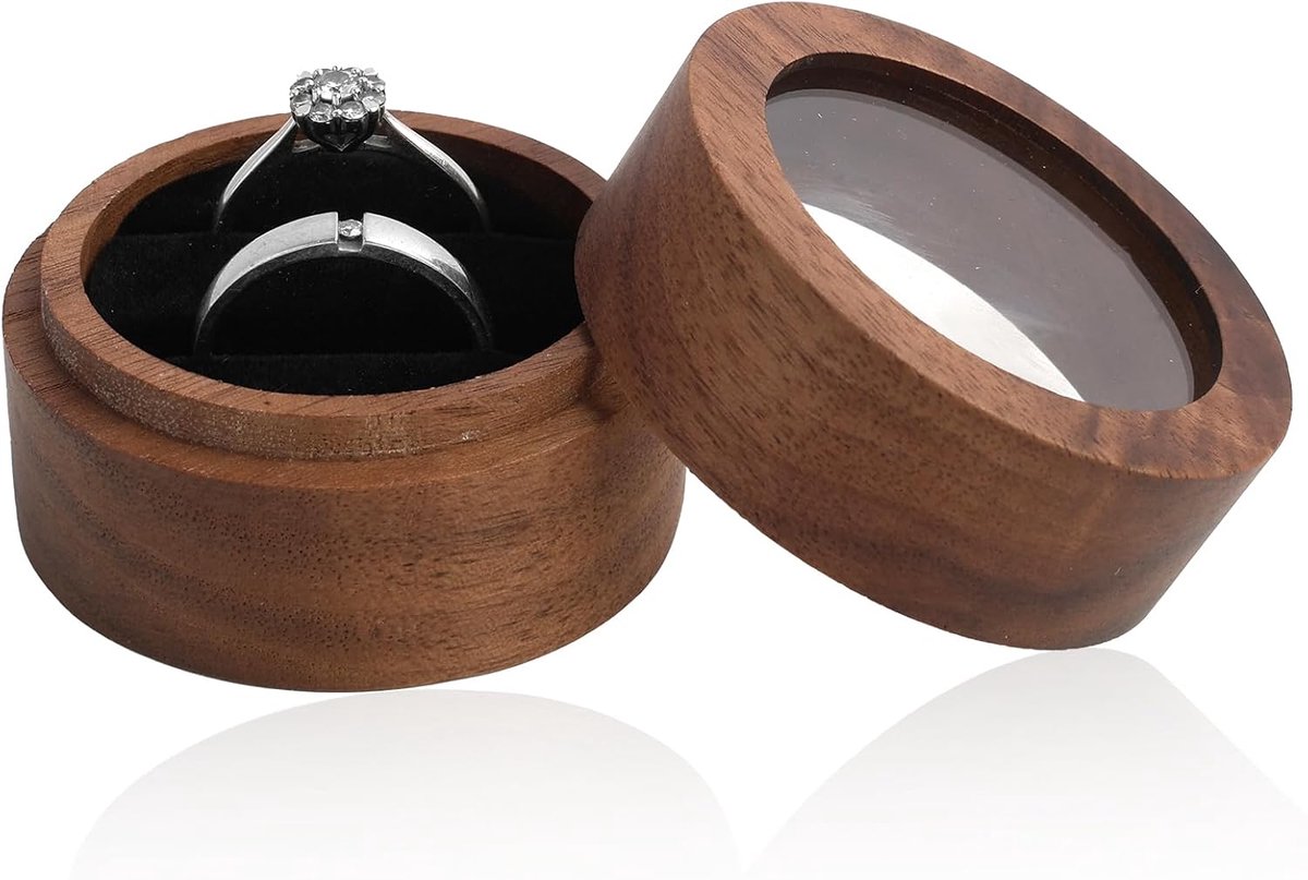 SnelShoppen - Ronde Houten Ringdoos van Massief Walnoot (Koffie, 5 x 3.5 cm) – Luxe Velvet Ringdoos met Duidelijk Venster, Trouwringdoos voor Verlovin