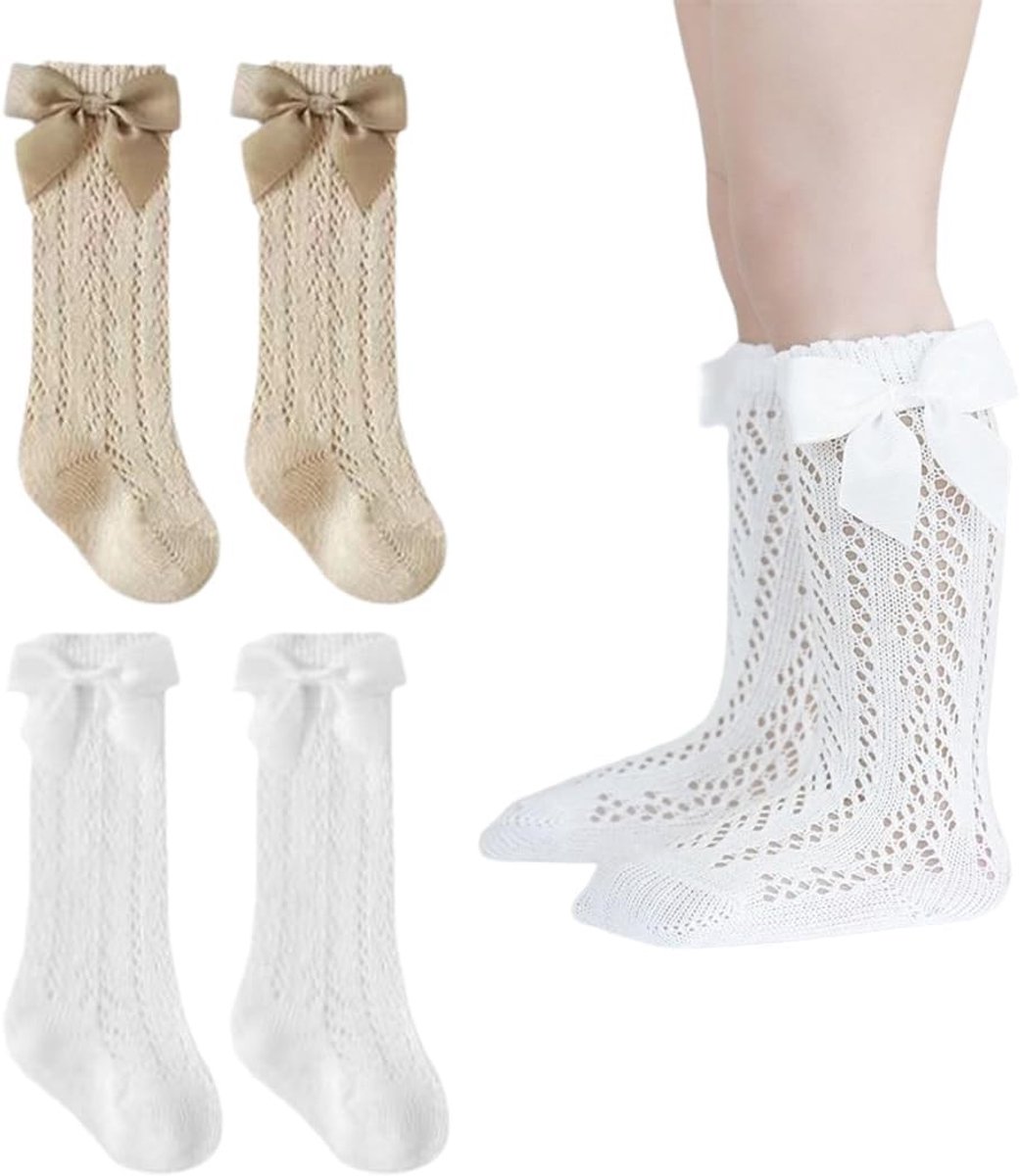 Schattige overknee babysokken voor meisjes, 2 paar katoenen zomersokken met strik in wit en abrikoos, perfect voor warme dagen