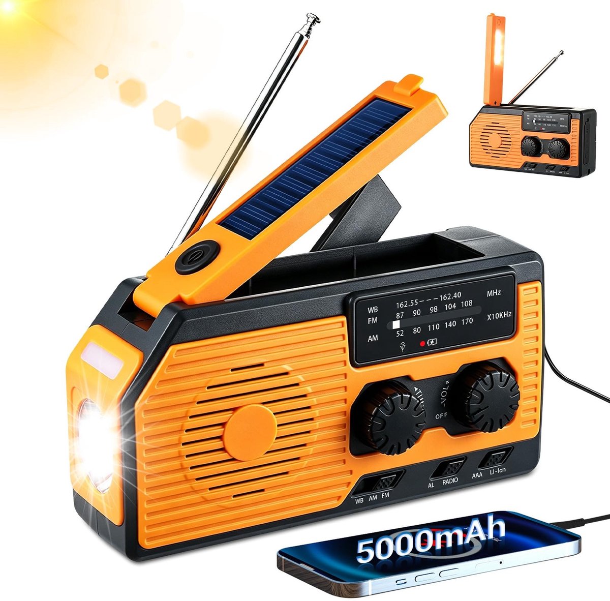 Omgoods - Draagbare Zonne-energie Zwengelradio met Zaklamp en Alarm