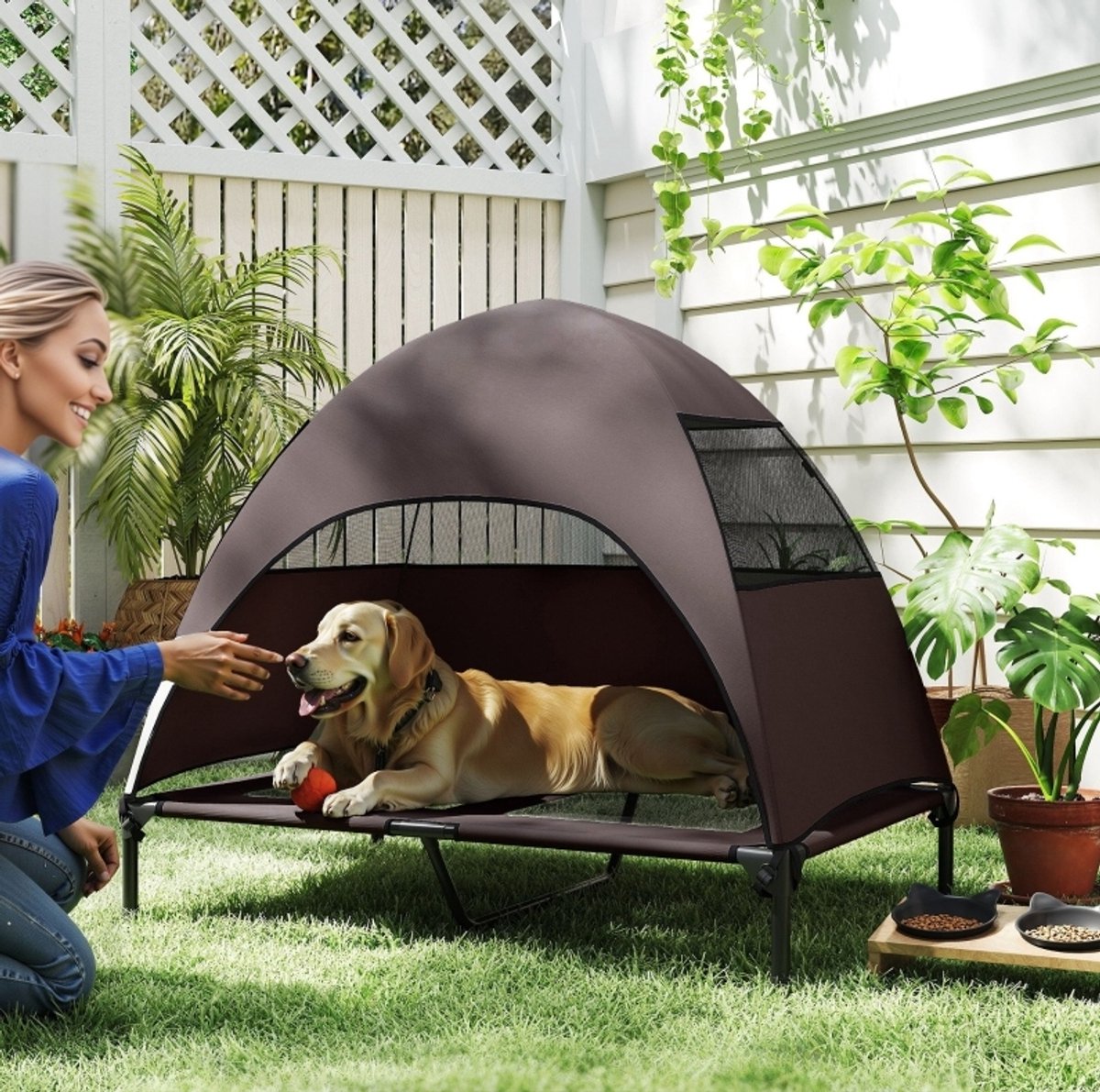 COVREO Hondenbed met dak 106 x 76 x 99 cm Coffee, polyester, afneembaar