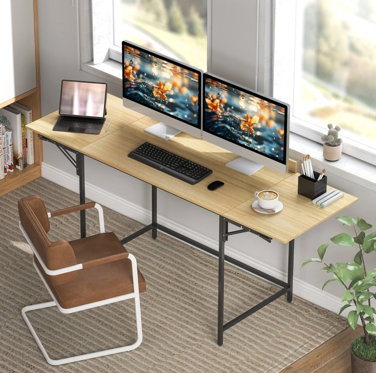 COVREO Klapbureau 170 x 58 x 78 cm, eiken look zwart, metalen frame opklapbaar