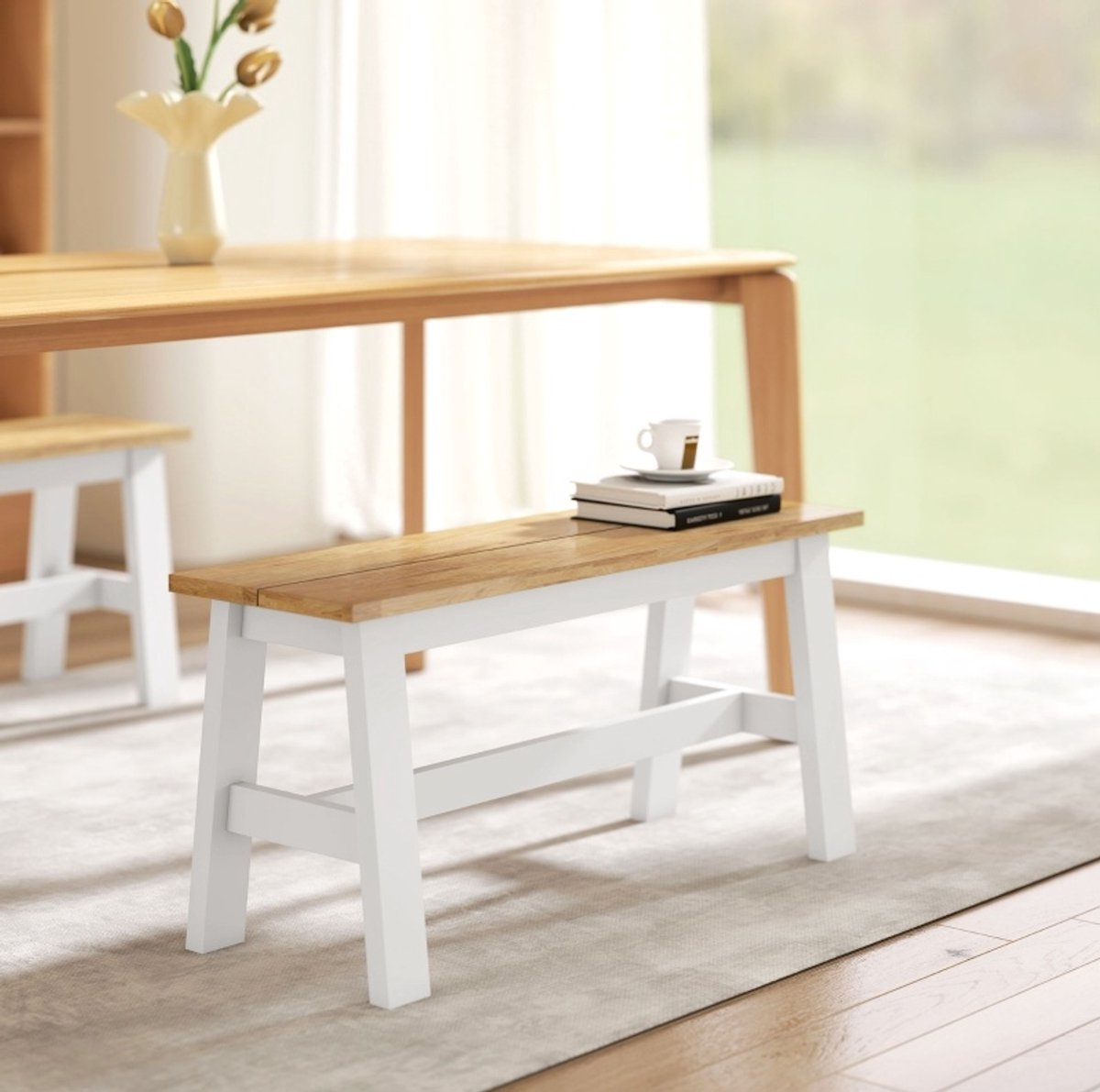 COVREO Eetbank 95 x 30 x 45 cm, eikenlook en wit, rubberhout met dwarsstang