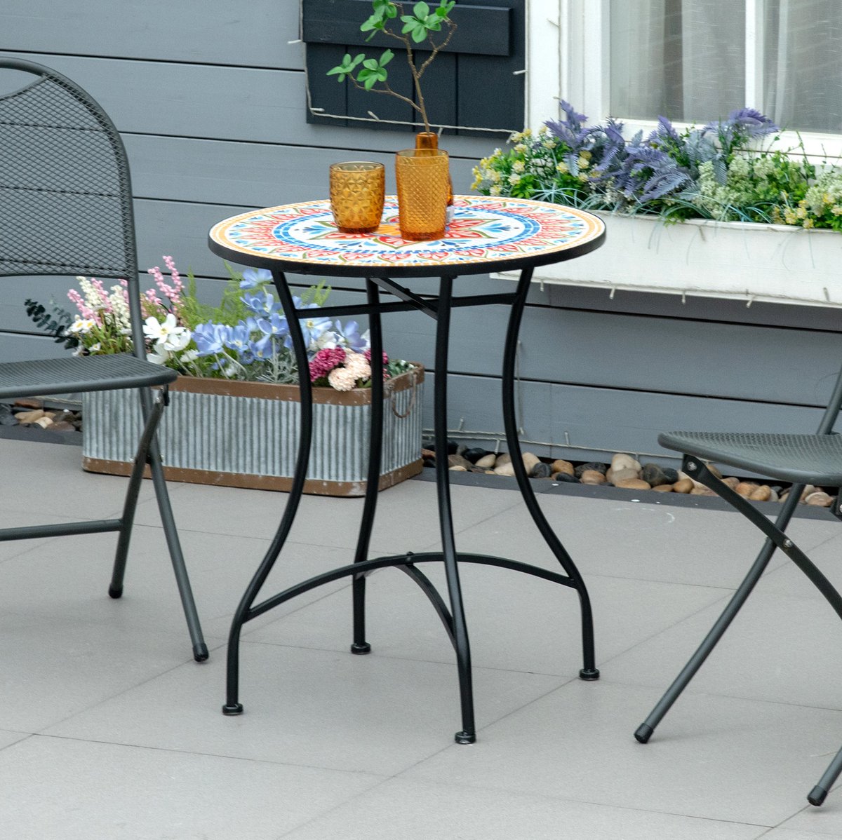 MEUNIQ ronde bistrotafel Ø60 x H71 cm met keramisch mozaïekblad en metalen frame, tuintafel of bijzettafel voor balkon, terras of tuin in rood blauw wit