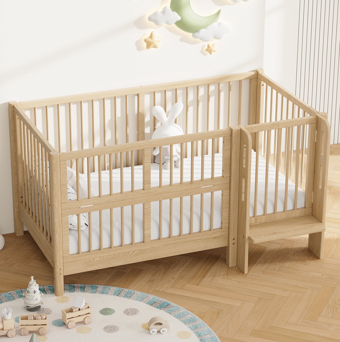 MIVRAY Babybed 140x70 cm - Meegroeibed Zonder Matras met Veiligheidsdeur - Omvormbaar tot Kinderbed en Aanschuifbed - Grenenhout - Naturel Natural