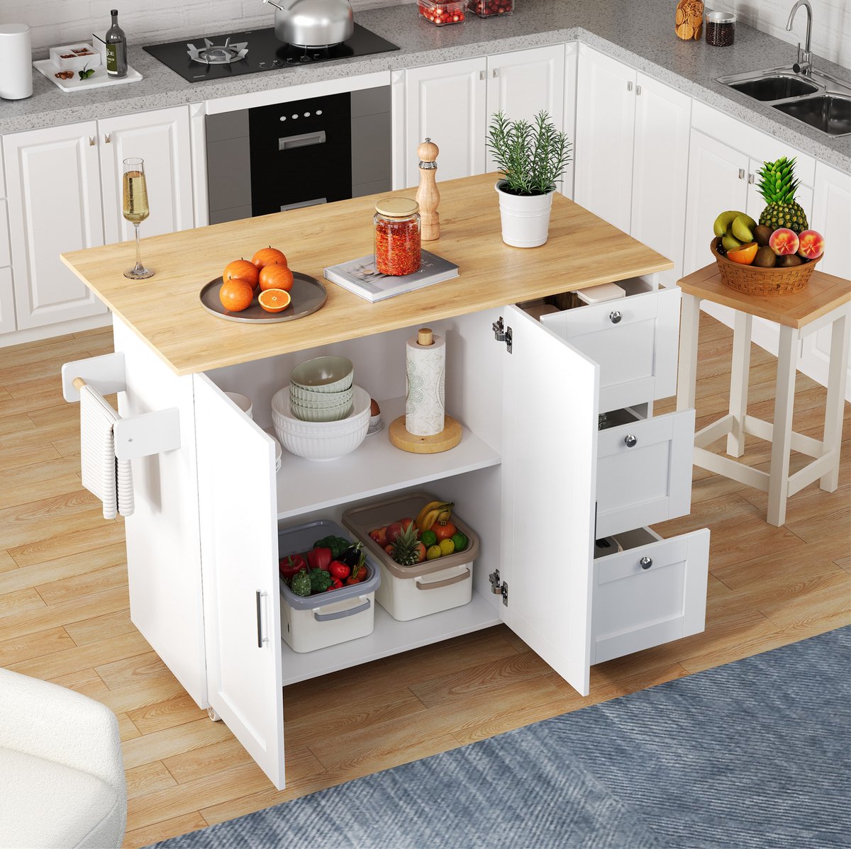 DESMIU Keukenkast - Mobiel Keukeneiland Met Inklapbaar Blad En 3 Lades - Voor Keuken En Eetkamer - MDF - 135x70x90 Cm - Wit Naturel