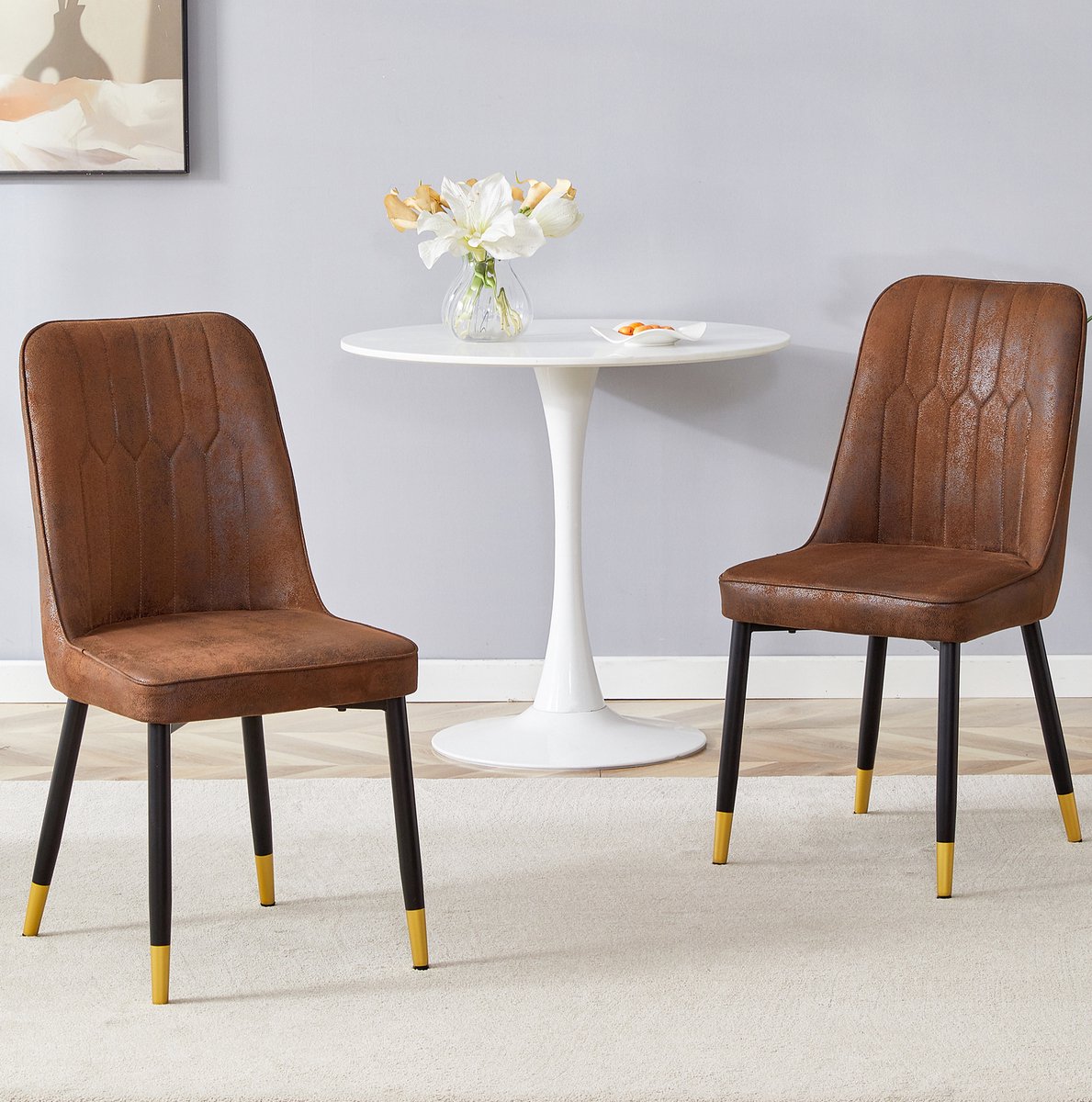 DESMIU Eetkamerstoel 43 Cm - Set Van 2 - Comfortabele Gestoffeerde Stoel Met Zwarte Metalen Poten - Voor Eetkamer, Keuken En Slaapkamer - Stof - Bruin En Zwart
