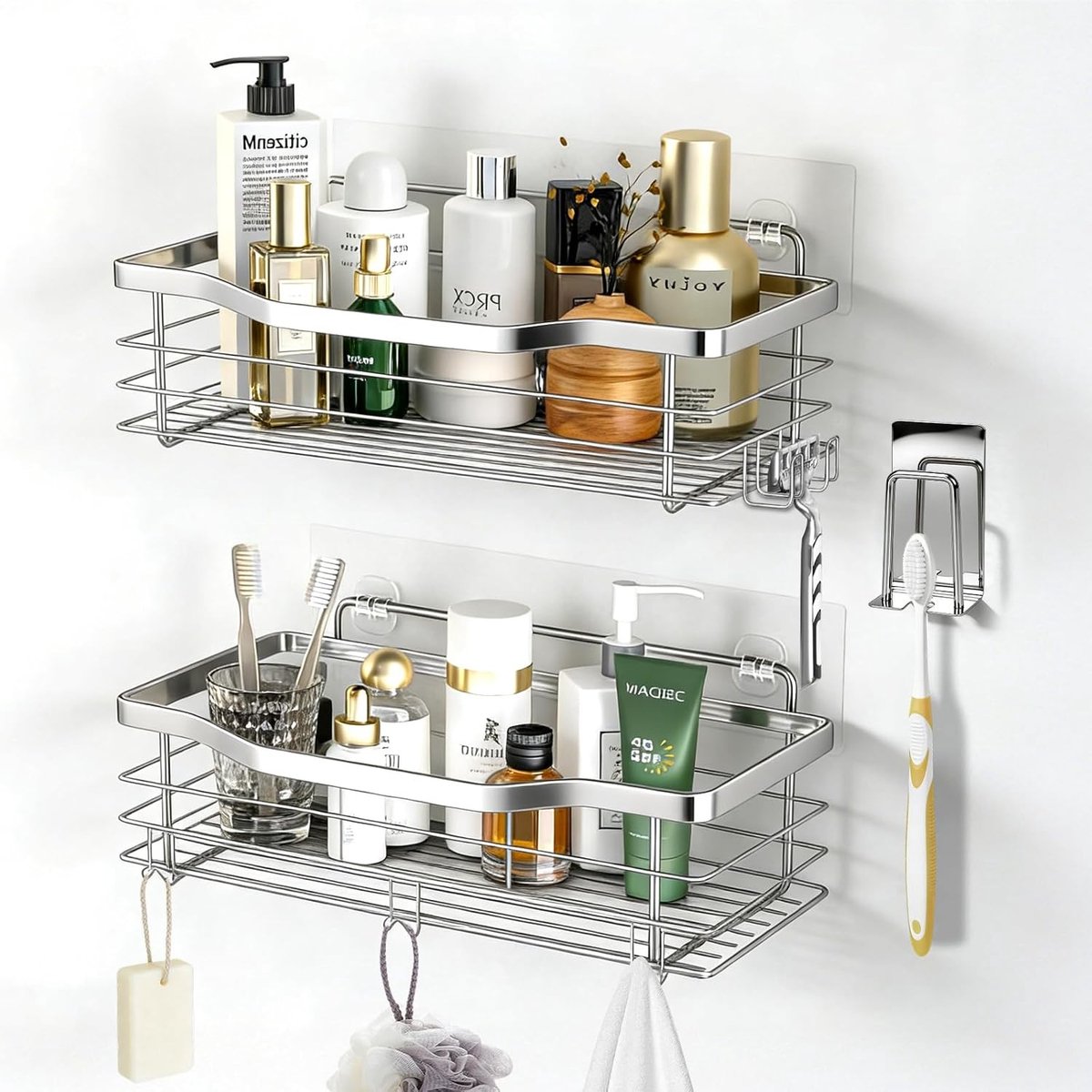 Ruimtebesparende Badkamer Organizer met 3 Doucheplanken, Tandborstelhouder en 5 Haken - Roestvrijstalen Wandrek voor Shampoo en Doucheaccessoires zonder Boren