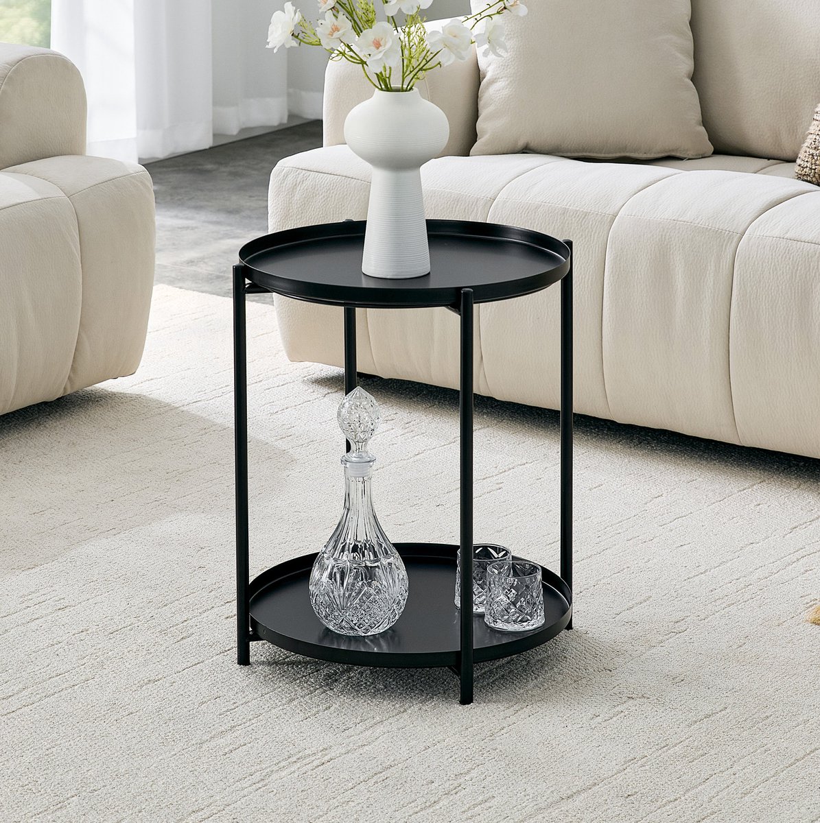 STILVORA Bijzettafel - Rond Twee Niveaus Met Extra Opbergruimte - Voor Woonkamer En Slaapkamer - Metaal En MDF - 42x52 Cm - Zwart