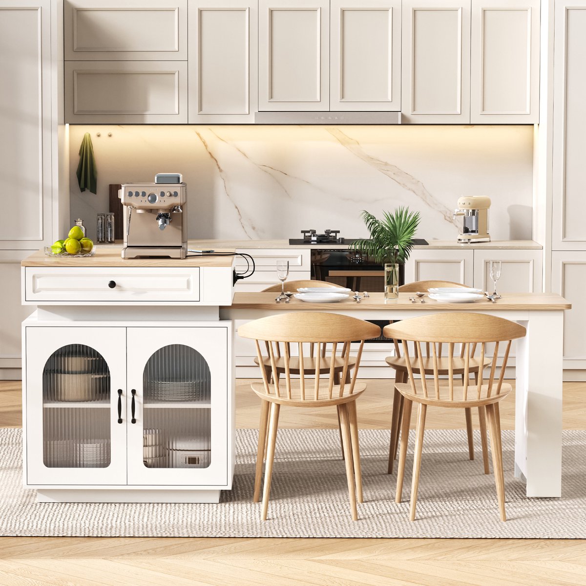 DESMIU Eettafel - Uitschuifbaar Keukeneiland Met LED En Oplaadpunten - Voor Keuken En Eethoek - MDF En Glas - 128-200x71x92 Cm - Wit