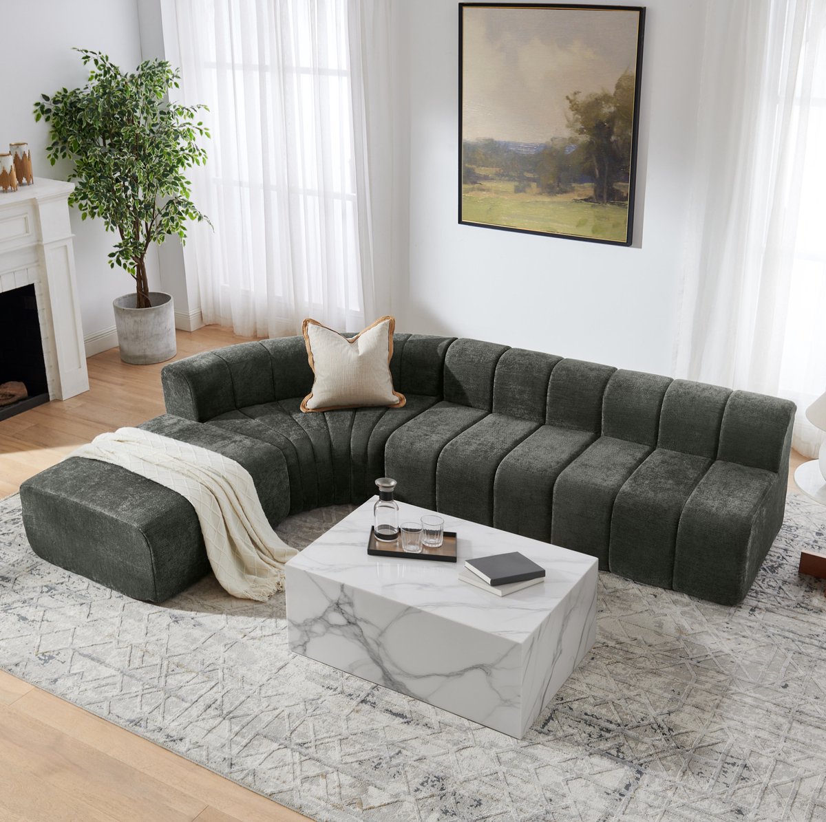 FloraGrace Hoekbank - 4-Zits Modulaire Hoekbank Met Vrij Combineerbare Modules - Zachte Chenille Bekleding - Voor Woonkamer En Lounge - Groen