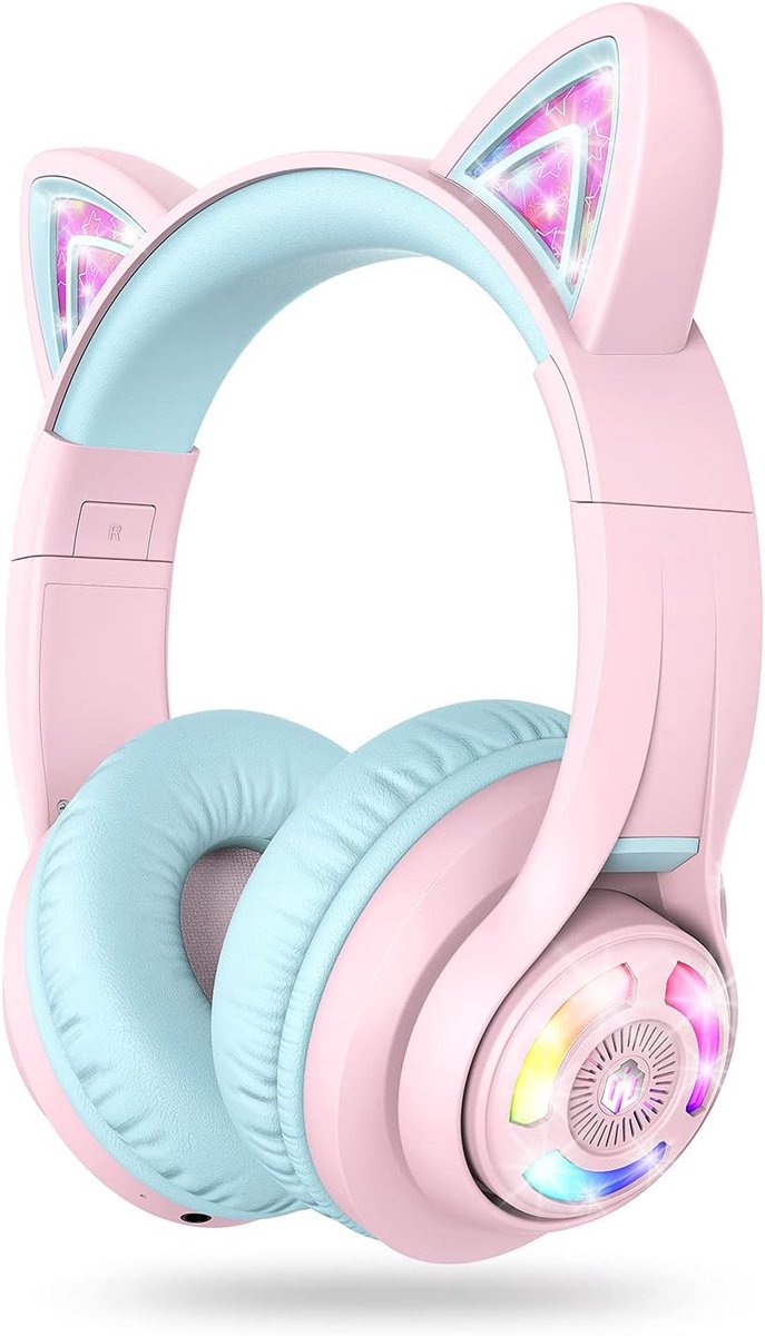 Thijox - Draadloze Hoofdtelefoon voor Kinderen met Kattenoren, Bluetooth, LED Light-Up, Opvouwbaar, Over-Ear, Volume Limiet, Ideaal voor School, PC, T