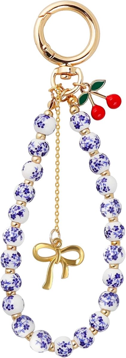 Kirsch Keychain, Mobile Phone Keychain with Bows, Floral Ceramic Pearls, Pocket Pendant, Mobile Phone Beads, Lanyard for Women, Purse, Bag, Charms