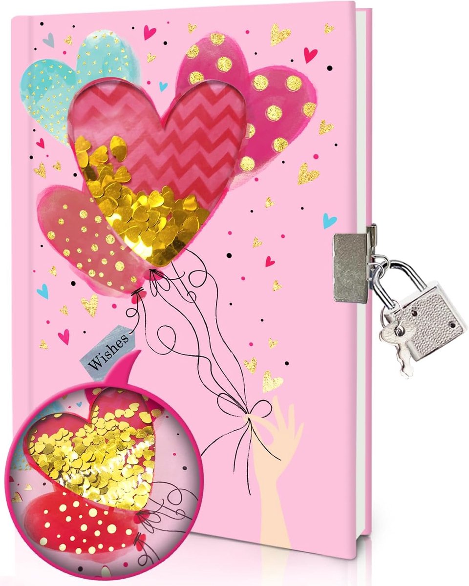 SnelShoppen - Heart Secret Diary met Slot voor Meisjes, Schudbare Pailletten Notitieboek 17.7x13.5cm, 160 Pagina's, Cadeau voor Kinderen 5-10 Jaar