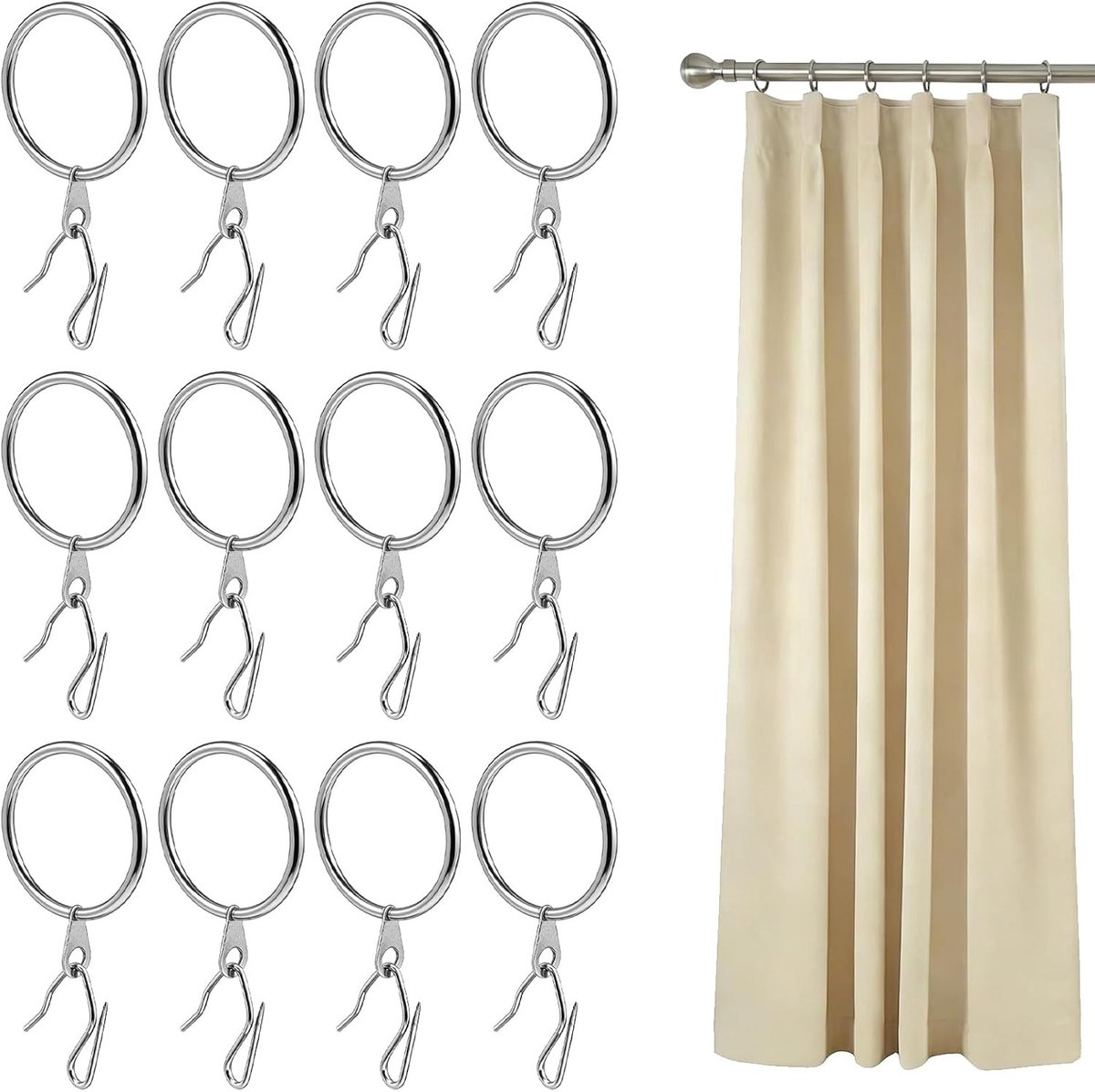 Set van 12 Gordijnringen met Haakjes, 3.8 cm RVS Gordijnringen met Oogjes voor Raam, Deur en Douchegordijnen - Zilver, Duurzaam en Stijlvol