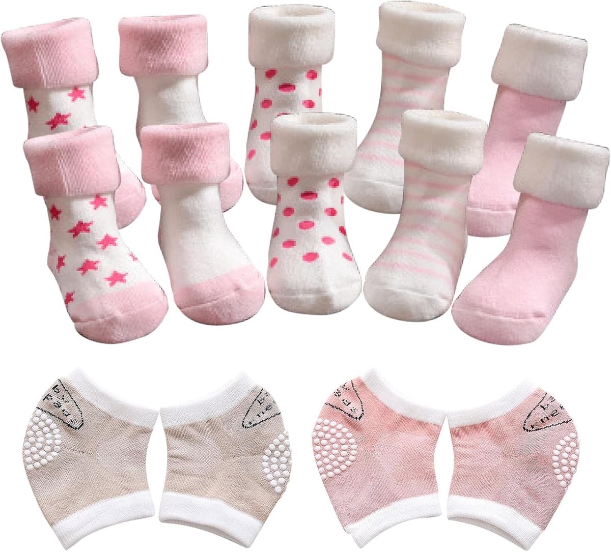 Set van 5 Baby Sokken - Winterse Thermische Katoenen Sokken, Antislip en Comfortabel voor Baby's van 1-3 Jaar, Roze, One Size