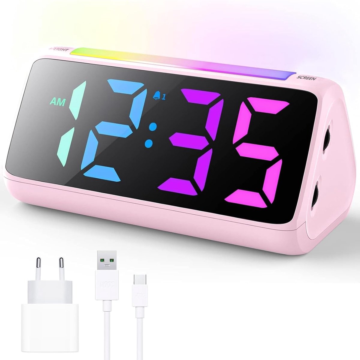 SnelShoppen - Digitale wekker met kleurrijk LED-display, 0-100% helderheidsdimmer, 2 alarmen, snooze, 3 volumeniveaus, USB-oplaadaansluiting, nachtlam