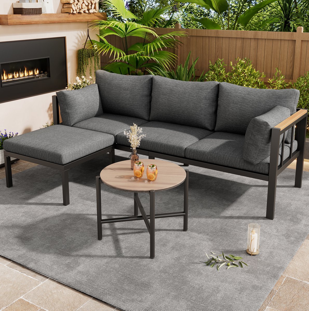 DESMIU Loungeset 182,5 x 63 x 62,5 cm - Hoek Loungeset Met Tafel En Hocker - Voor Tuin, Terras En Balkon - Verzinkt Staal En Polyester - Grijs