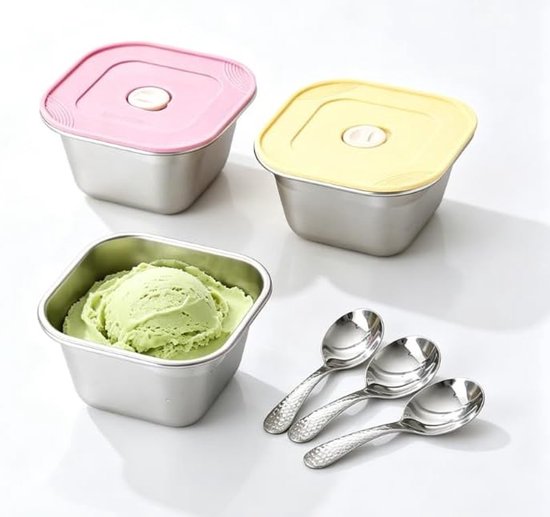 Set van 3 herbruikbare roestvrijstalen ijscontainers met deksel en lepels, ideaal voor ijs, frozen yoghurt en sorbet, stapelbaar en praktisch voor opslag