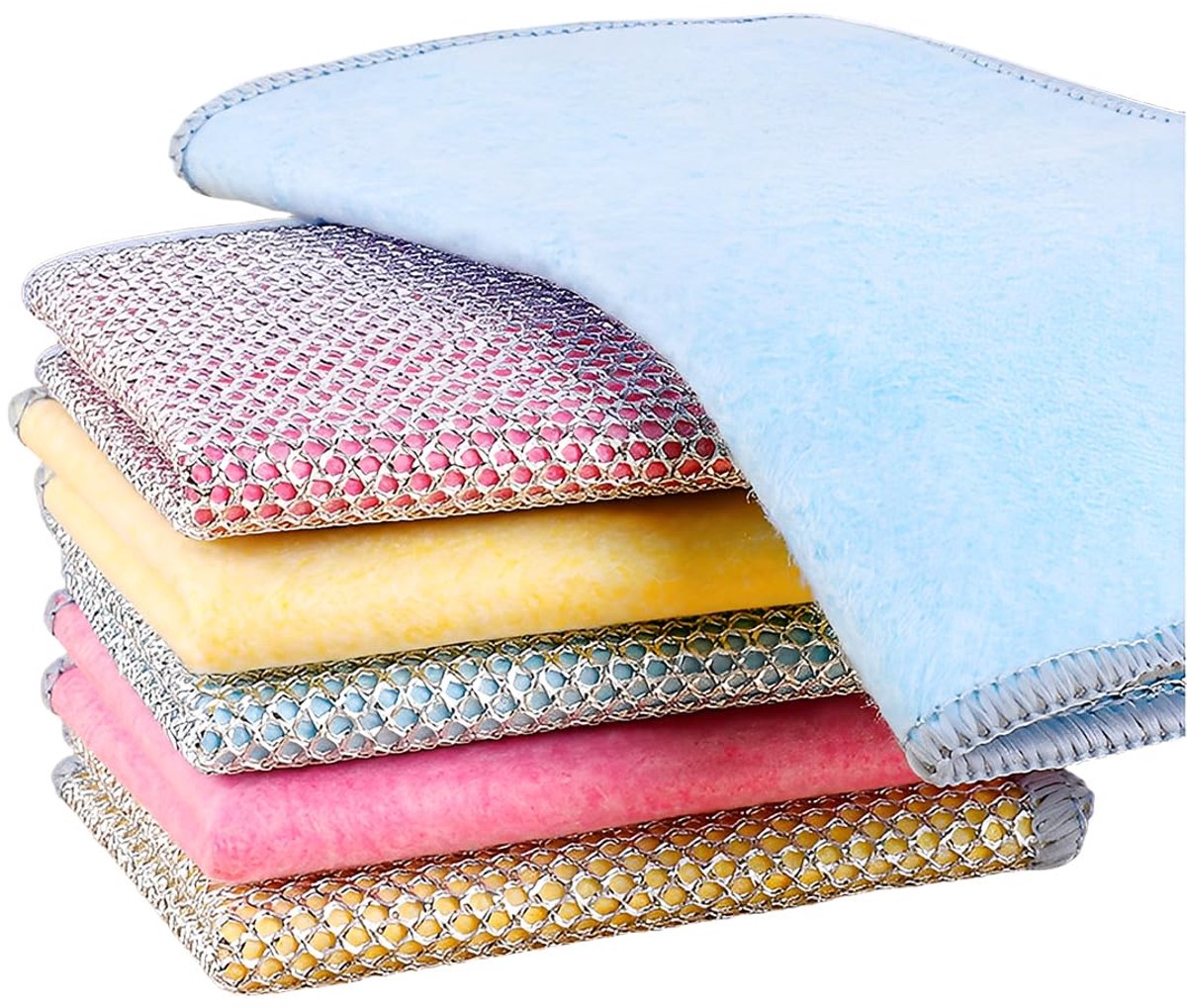 6 stuks dubbelzijdige theedoeken met microvezel + draad spoeldoeken, set microvezel poetsdoeken voor keuken en badkamer, krasvrij, herbruikbaar, wasbaar, 20 x 20 cm (3 kleuren)
