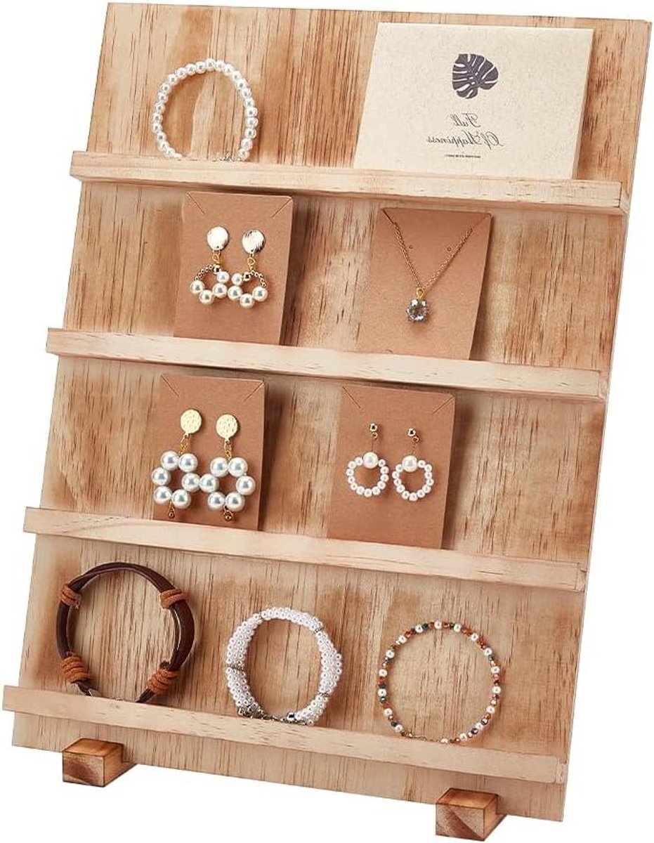 Houten Sieraden Display - Oorbellen Houder - Winkel Presentatie - 4 Niveaus - 30 x 14 cm - Natuurlijk Hout