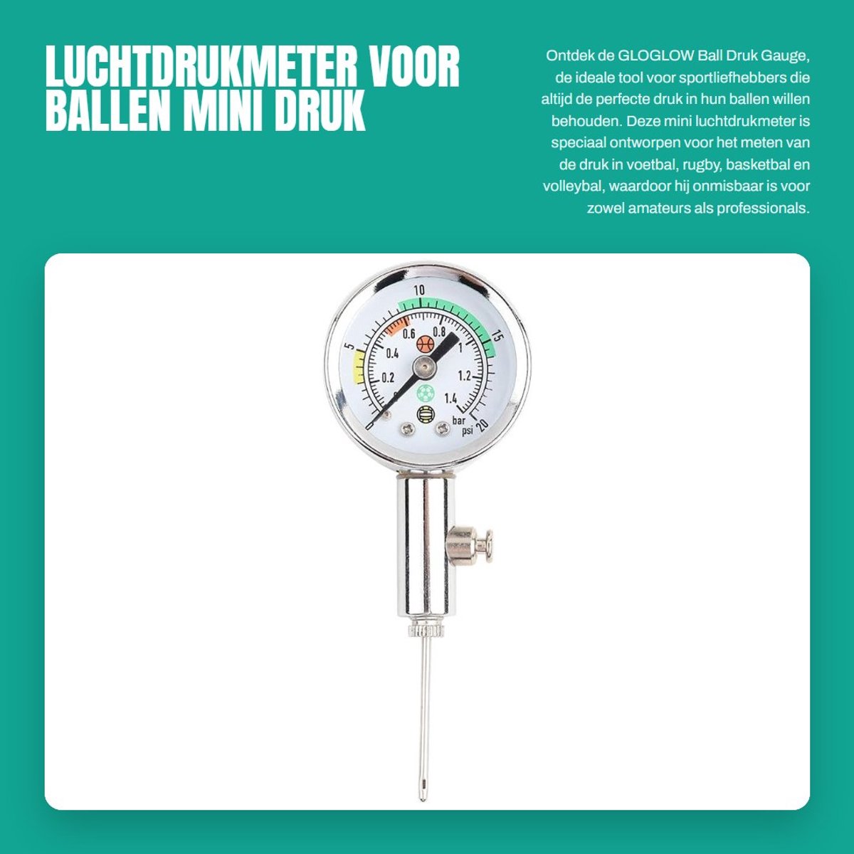 Dailygoods- Drukmeter Hoogwaardige Kwaliteit - Mini Luchtdrukmeter - Sportmeter - Lichtgewicht - Draagbaar - Eenvoudig Afleesbaar - Ballenpomp