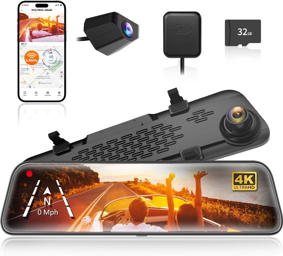 SnelShoppen - Mirror Dash Cam Achteruitkijkspiegel 12" IPS Touch Screen 2160P HD Dual Lens Nachtzicht met Gratis 32GB TF-kaart - Slimme Auto & Vrachtw