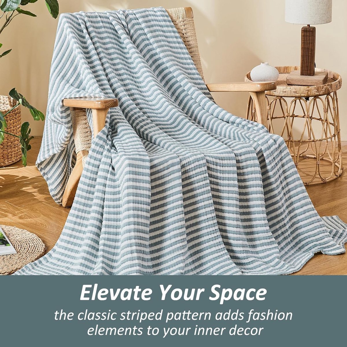 Thijox - Katoenen Mousseline Deken 127x177 cm - Ademend en Zacht - Voorgewassen - Gestreept Groenblauw - Perfect voor Bank, Bed of Buiten - Alle Seizo