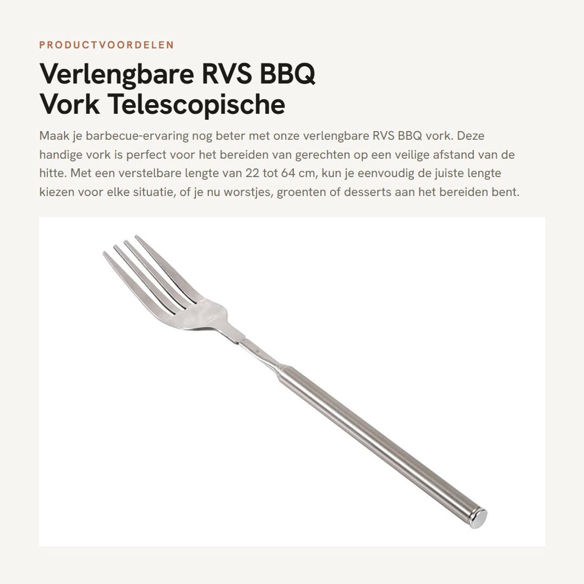Dailygoods- BBQ Vork - Uitschuifbaar 22-64 cm - Roestvrij Staal - Lichtgewicht - Ideaal voor BBQ/Diner - Lange Handgreep - Grillvork