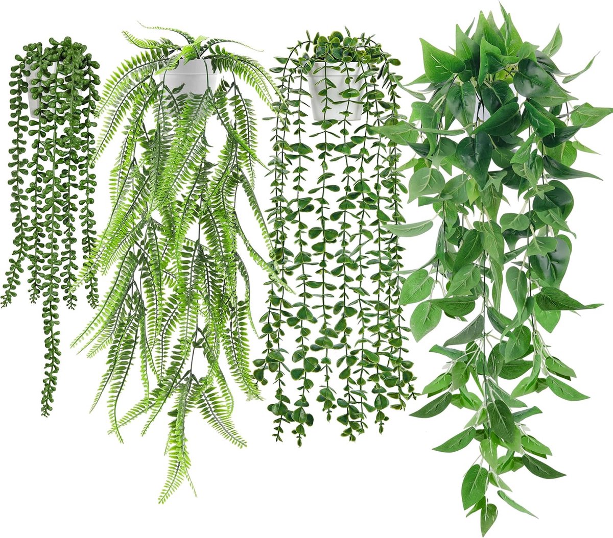 SnelShoppen - Set van 4 Nepplanten om Op te Hangen met Witte Potten - Kunstmatige Klimop, Faux Eucalyptus, Boston Varen & Parelsnoer - Perfect voor Bi