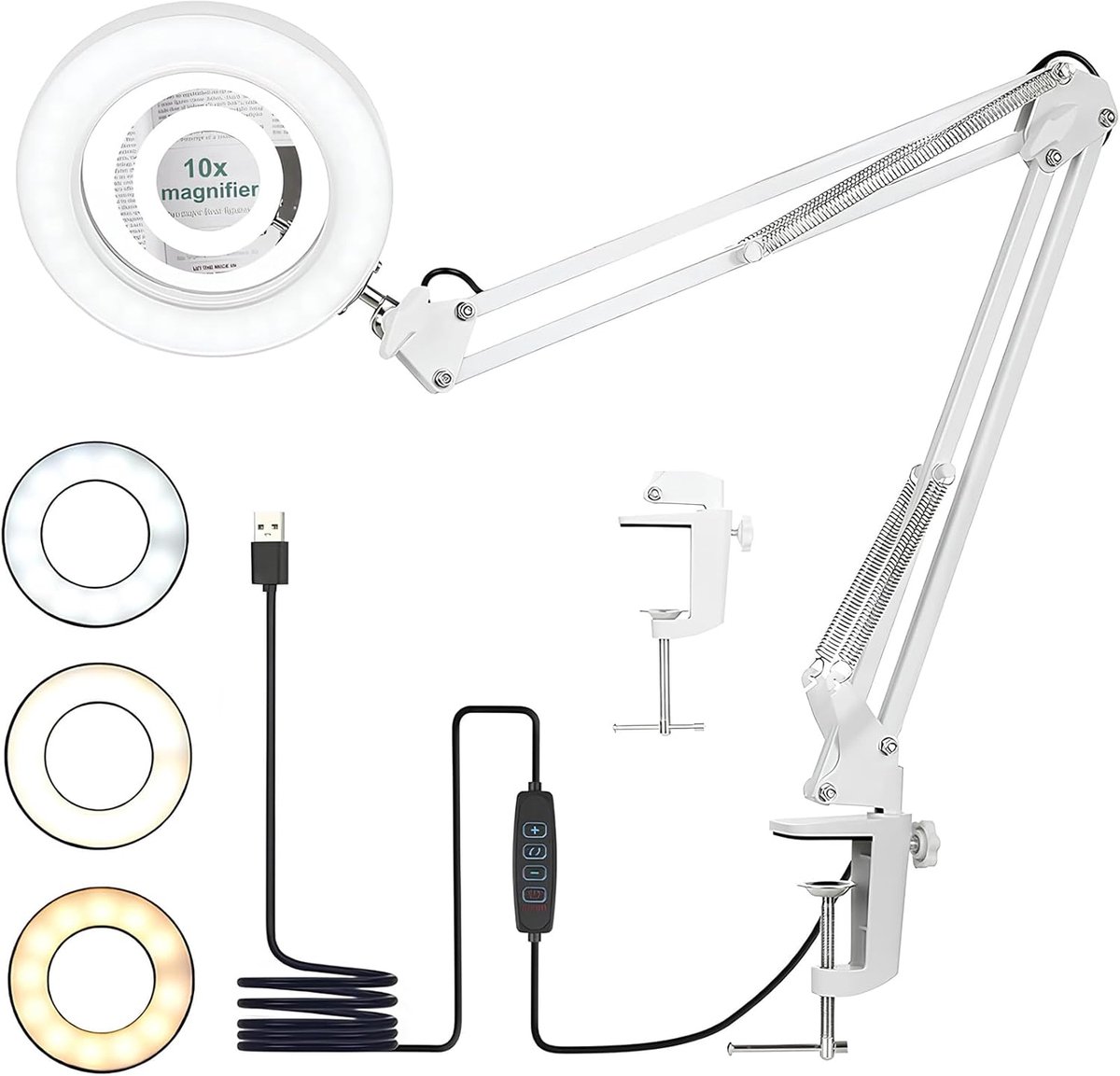 Thijox - Bureaulamp met Vergrootglas, 10x Vergroting, LED Verlichting, 72 Leds, 3 Kleurtemperaturen, 10 Helderheidsniveaus, Verstelbare Draaibare Arm,