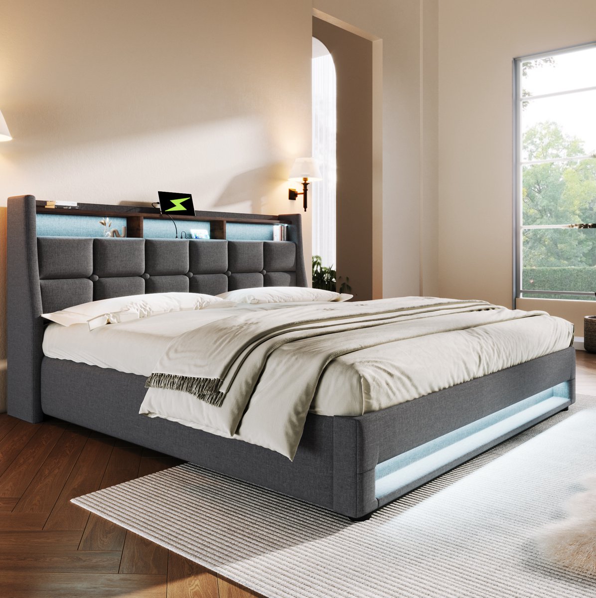 FloraGrace Bed 180x200 cm - Tweepersoonsbed Met LED En 2 USB-Poorten - Opklapbare Opbergruimte - Lattenbodem - Stof - Grijs - Zonder Matras
